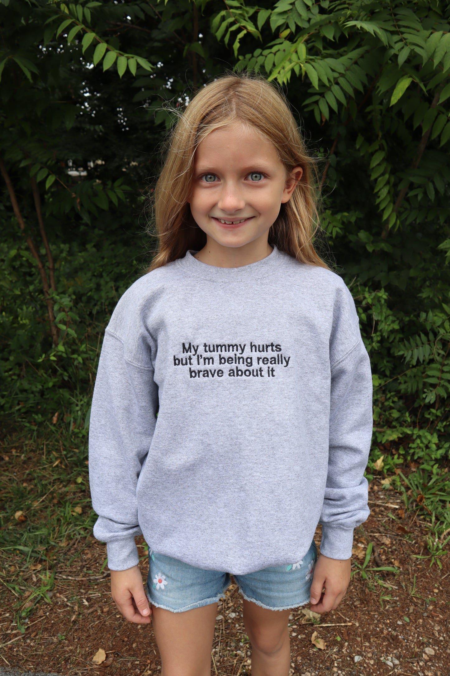 Youth Embroidered 'My Tummy Hurts but I'm being Really Brave about it' Crew Neck, Long Sleeve, Classic fit, Unisex