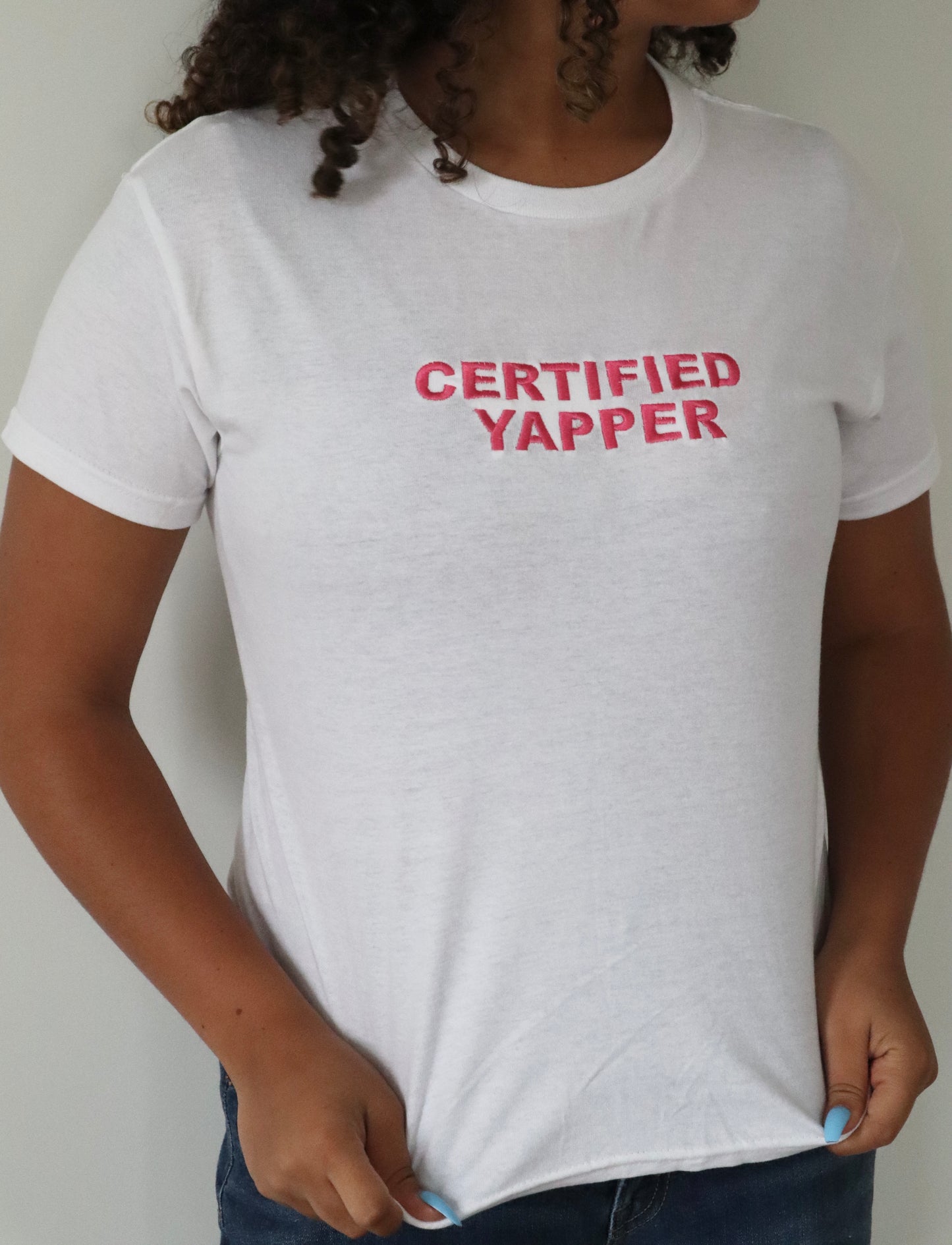 Embroidered Certified Yapper Baby Tee, Long Crop Tops