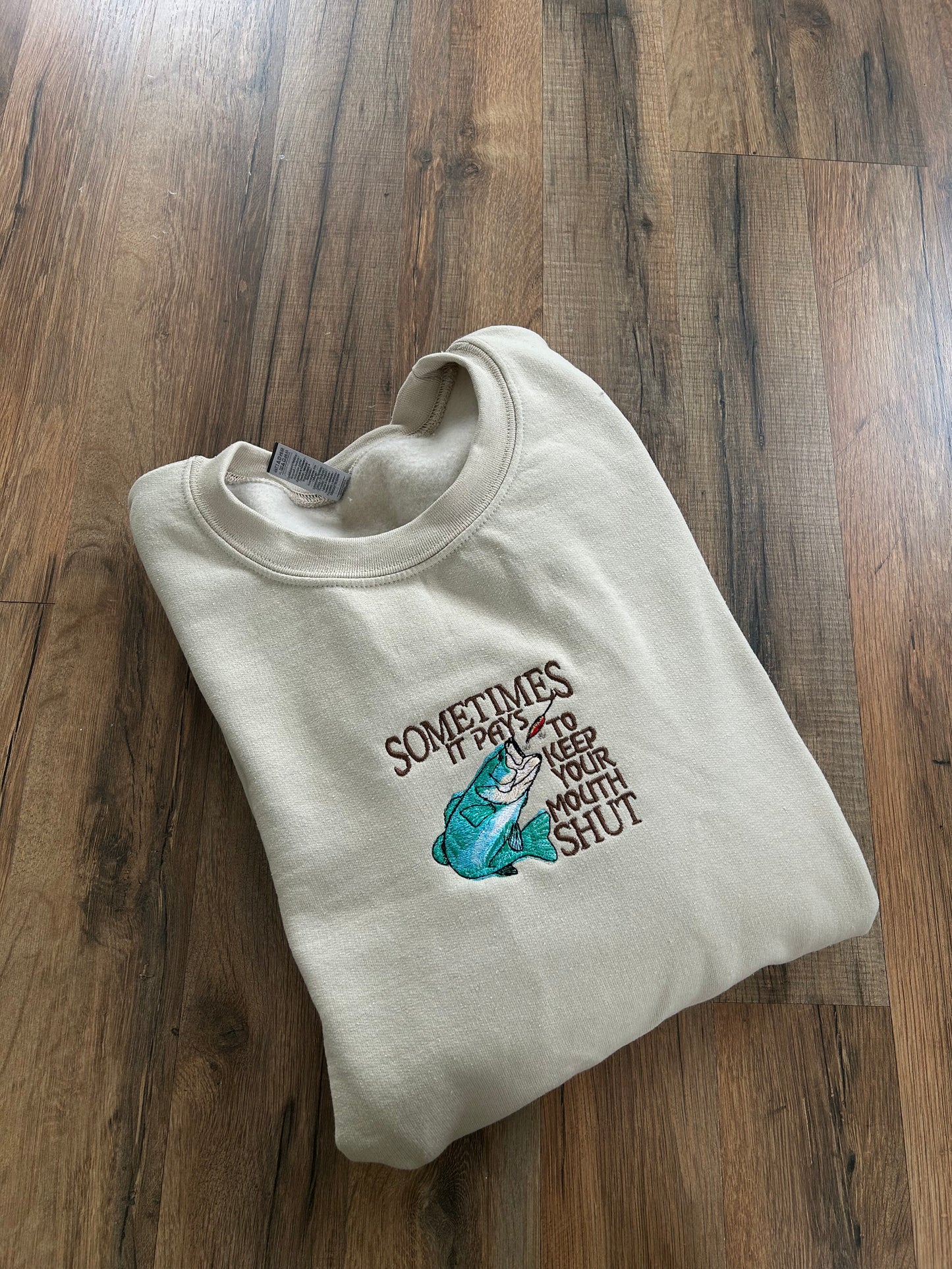 Embroidered 'Keep Your Mouth Shut Fishing' Hoodie or Crew Neck, Long Sleeve, Classic fit, Unisex, Adult
