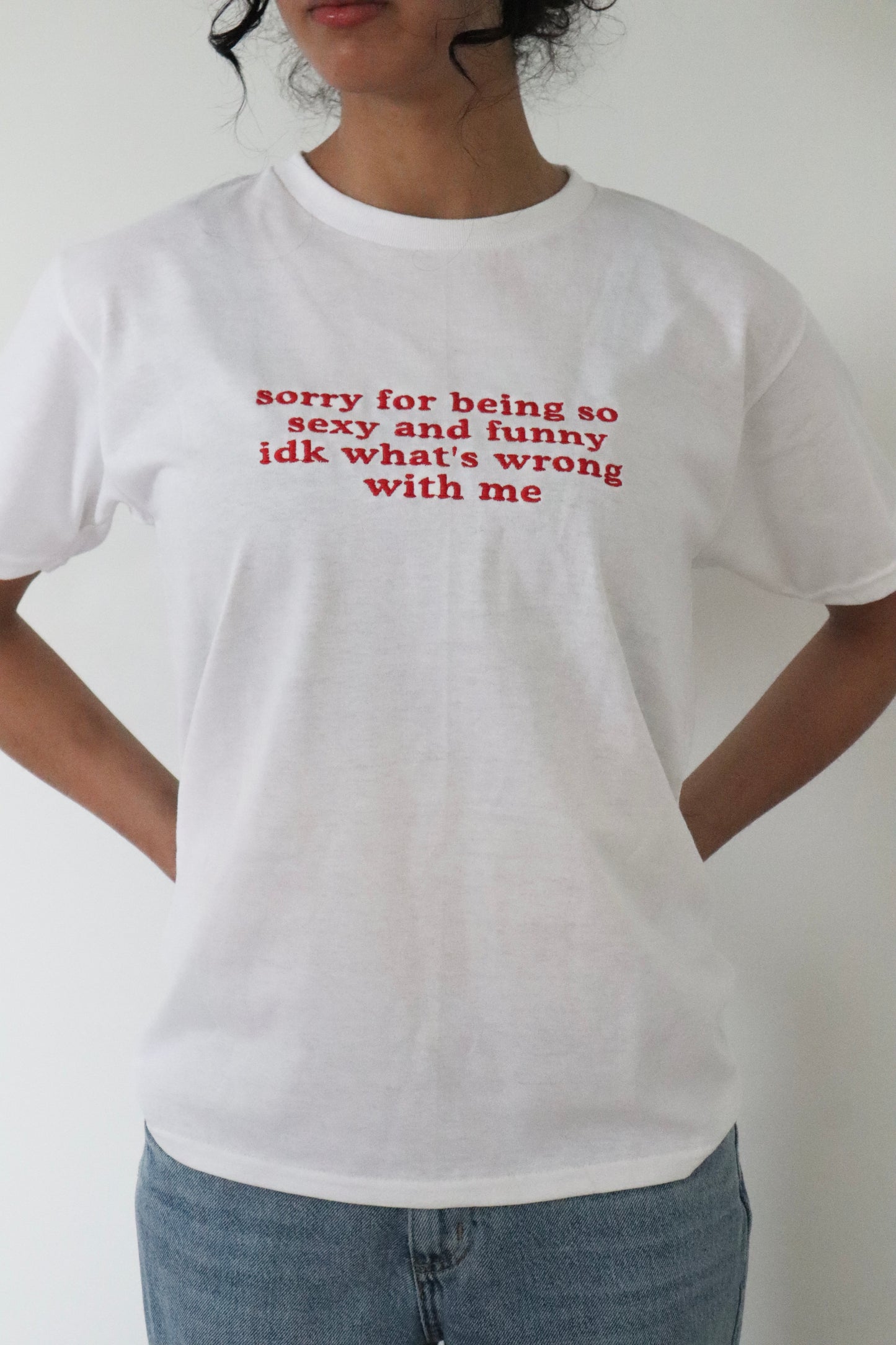 Embroidered Sorry For Being So Funny, Long Crop Tops