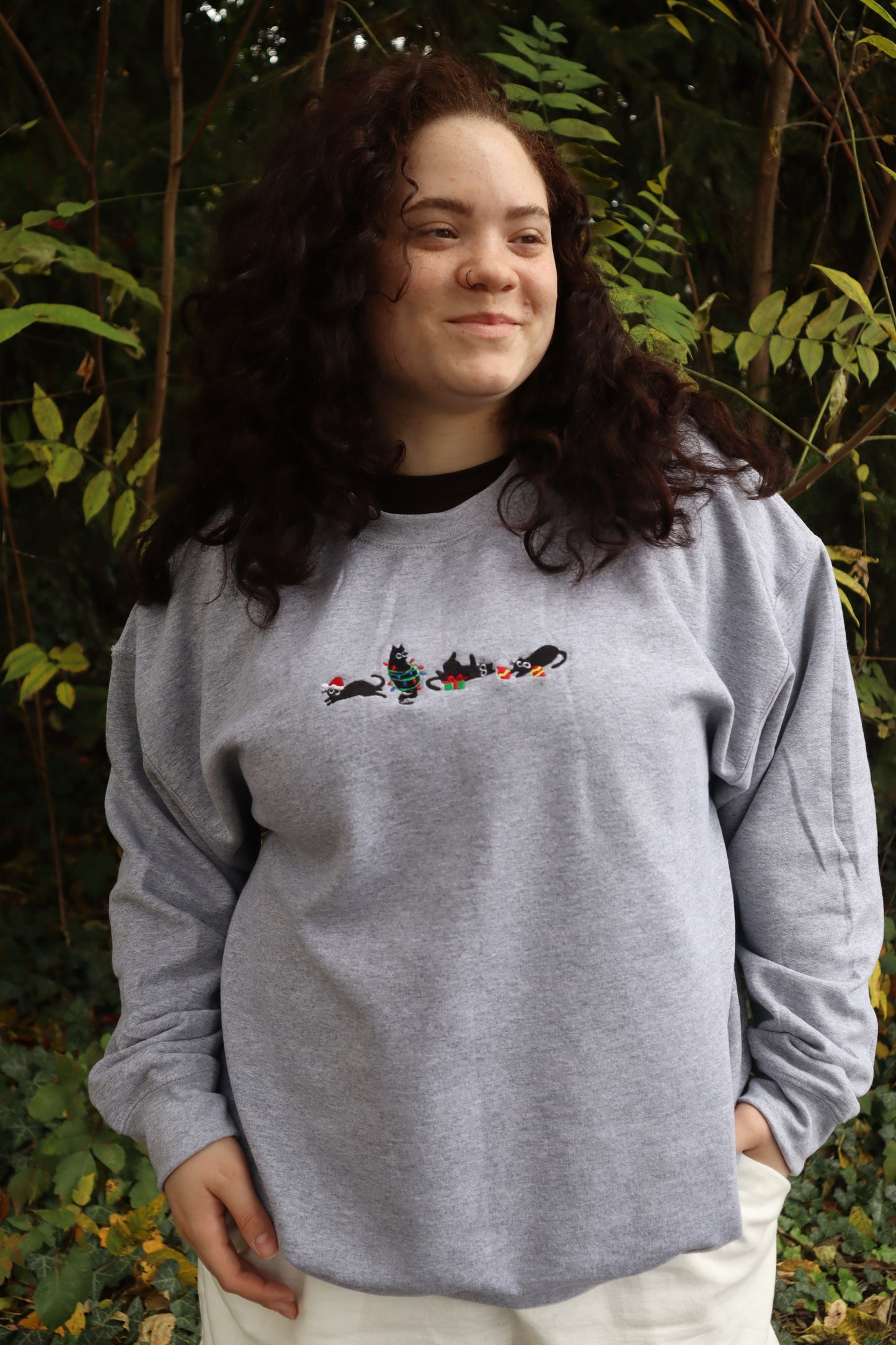 Embroidered "Christmas Cats" Hoodie or Crew Neck, Long Sleeve, Classic fit, Unisex, Adult