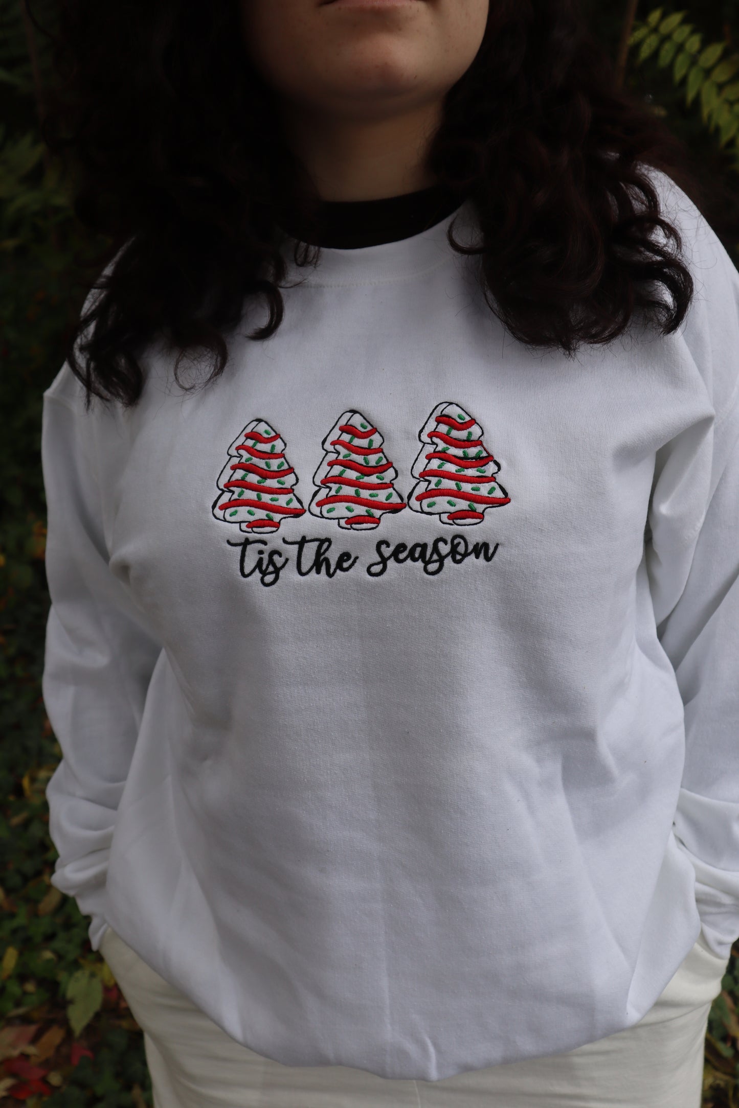 Embroidered "Tis The Season Christmas Tree Debbie Cakes" Hoodie or Crew Neck, Long Sleeve, Classic fit, Unisex, Adult