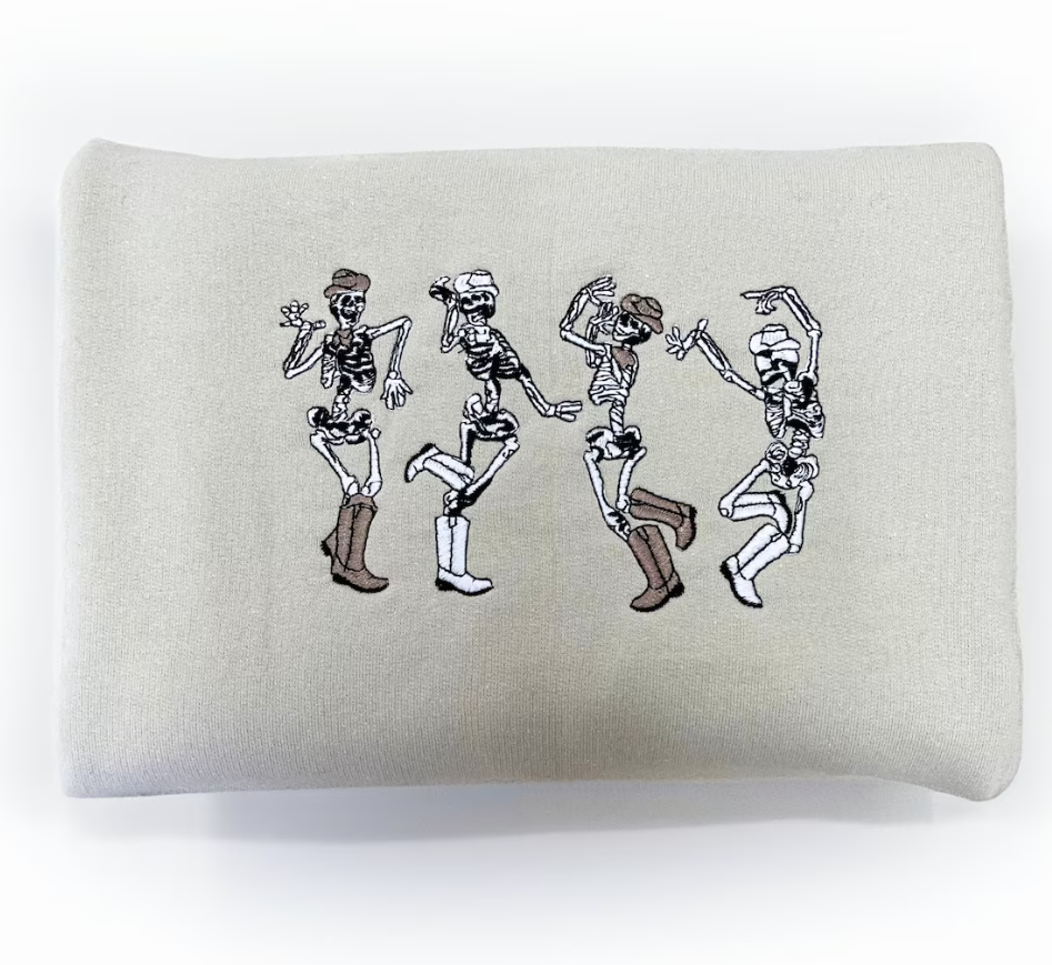 Embroidered 'Cowboy Dancing Skeletons' Hoodie or Crew Neck Long Sleeve, Classic fit, Unisex, Adult