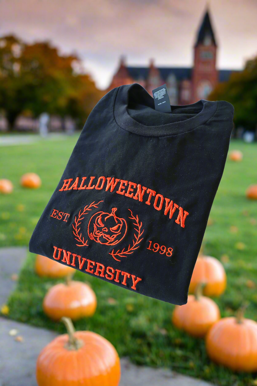 Embroidered 'Halloween University Scary Pumpkin Head' Hoodie or Crew Neck, Long Sleeve, Classic fit, Unisex, Adult