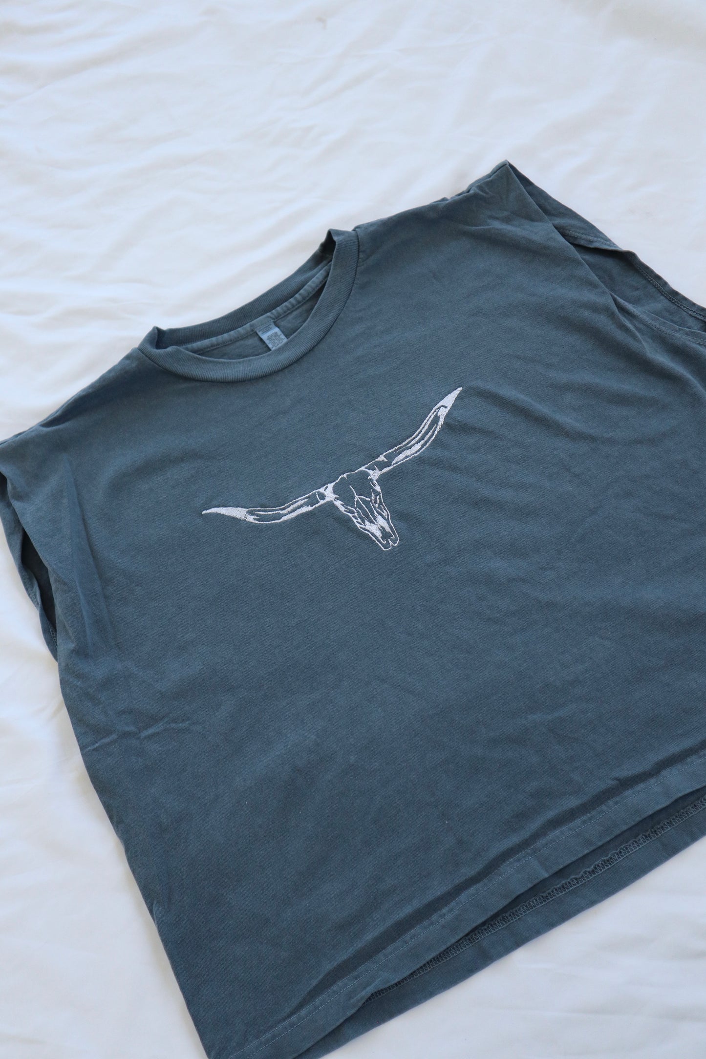 Embroidered Texas Longhorn Cropped Muscle Tee, Tank Top, Crop Fit, Unisex, Adult