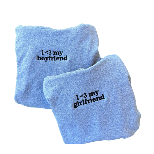 Embroidered 'I Love My Girlfriend or Boyfriend' Hoodie or Crew Neck, Long Sleeve, Classic fit, Unisex, Adult