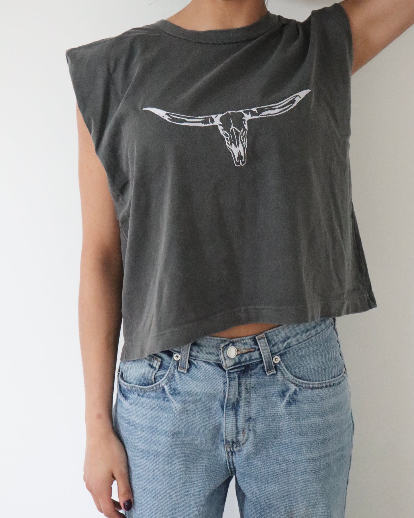 Embroidered Texas Longhorn Cropped Muscle Tee, Tank Top, Crop Fit, Unisex, Adult
