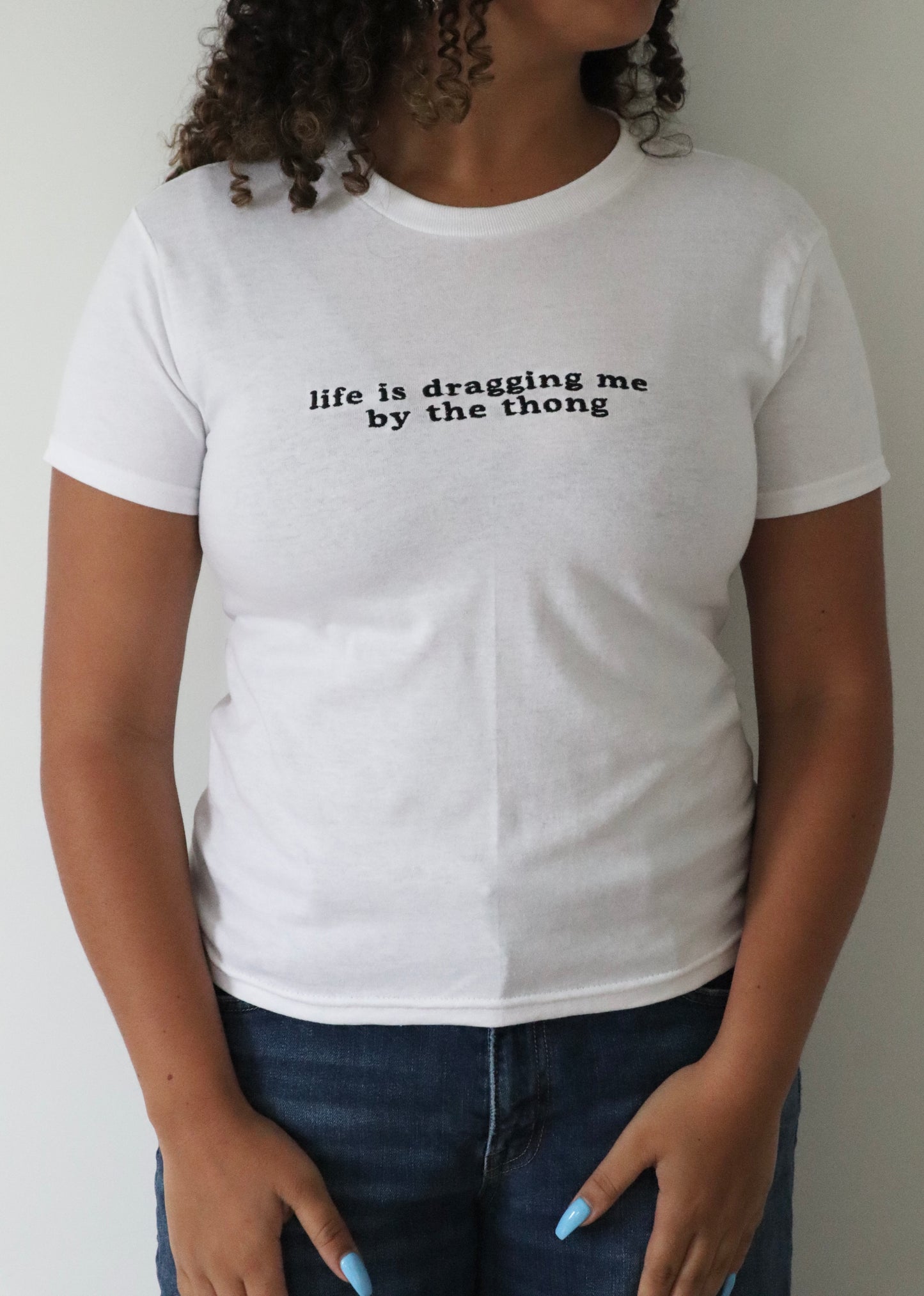 Embroidered Life is Dragging Me By The Baby Tee, Long Crop Tops