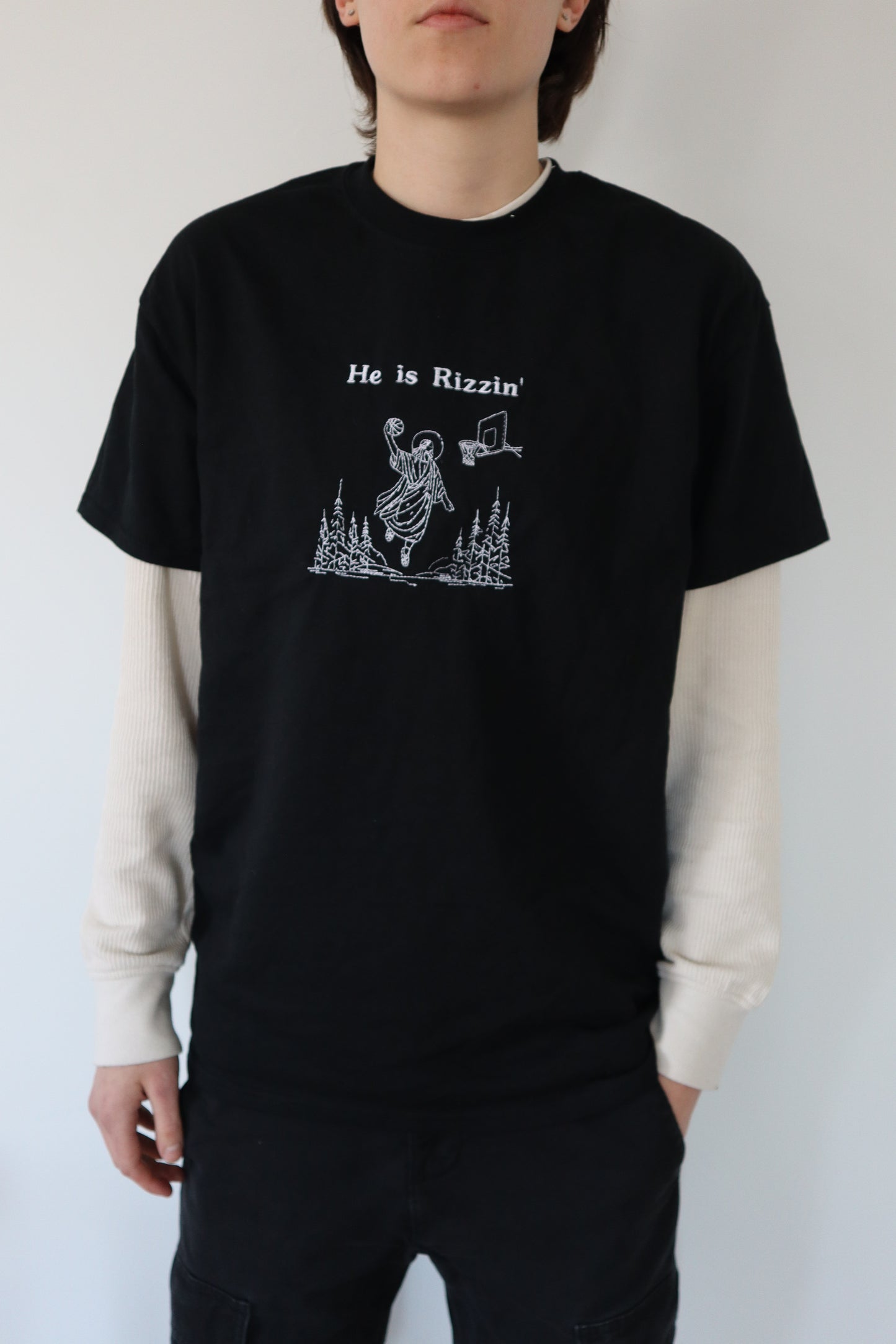 Embroidered 'He is Rizzin'' T-Shirt, Short Sleeve, Modern Classic fit, Unisex, Adult