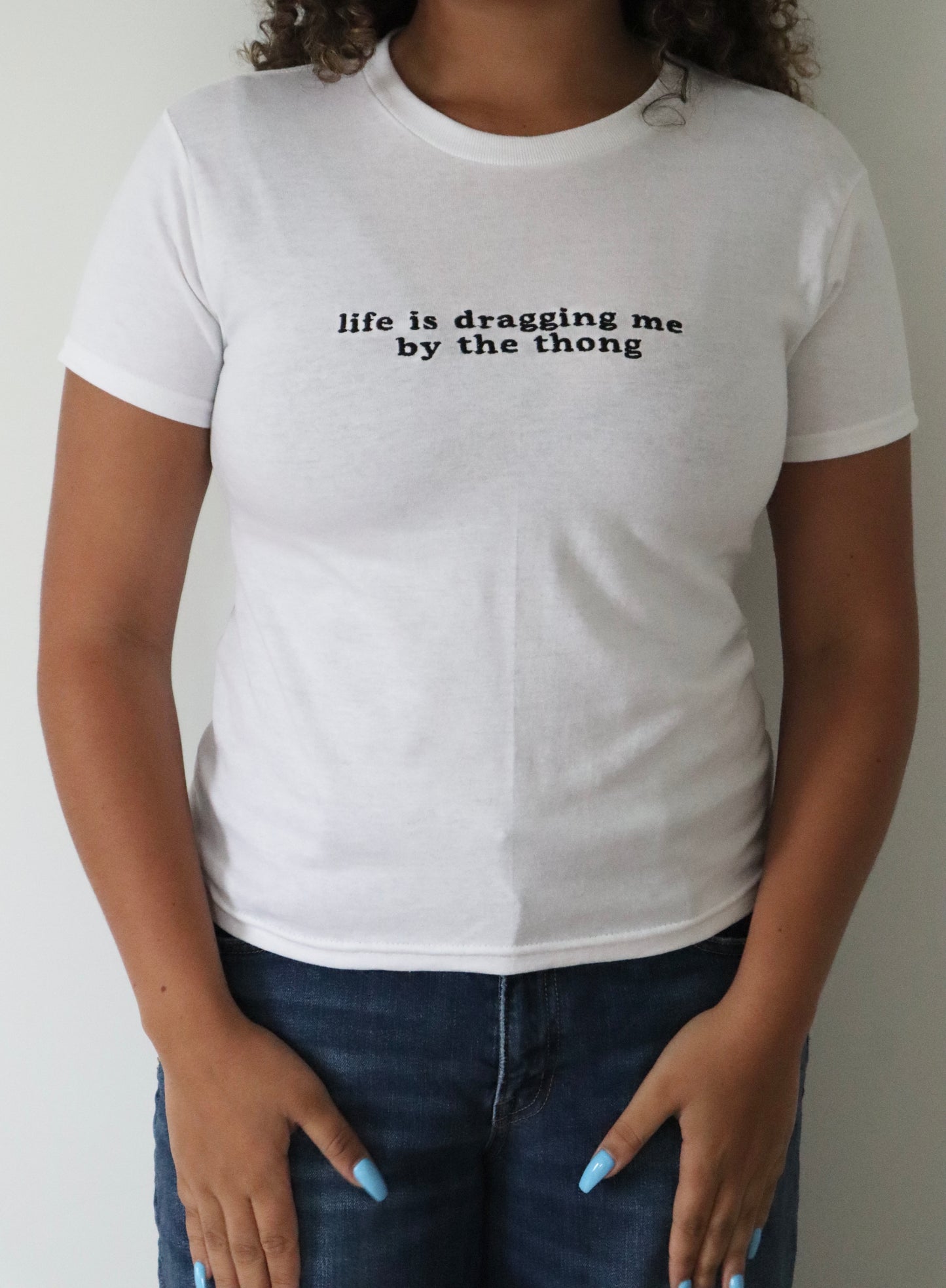 Embroidered Life is Dragging Me By The Baby Tee, Long Crop Tops