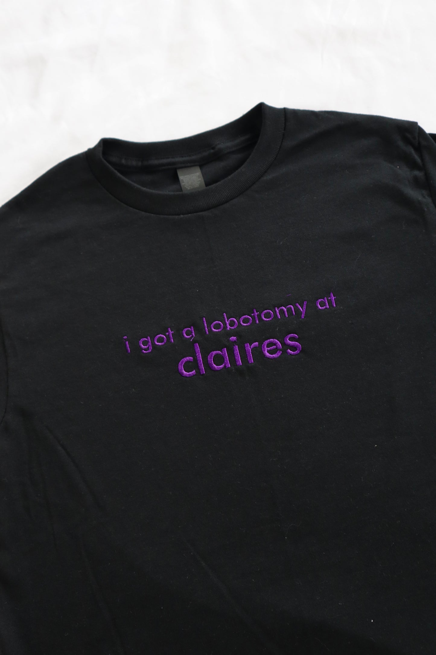 Embroidered 'I Got A Lobotomy At Claires' Cropped, Short Sleeve, Adult Female, Baby Tee