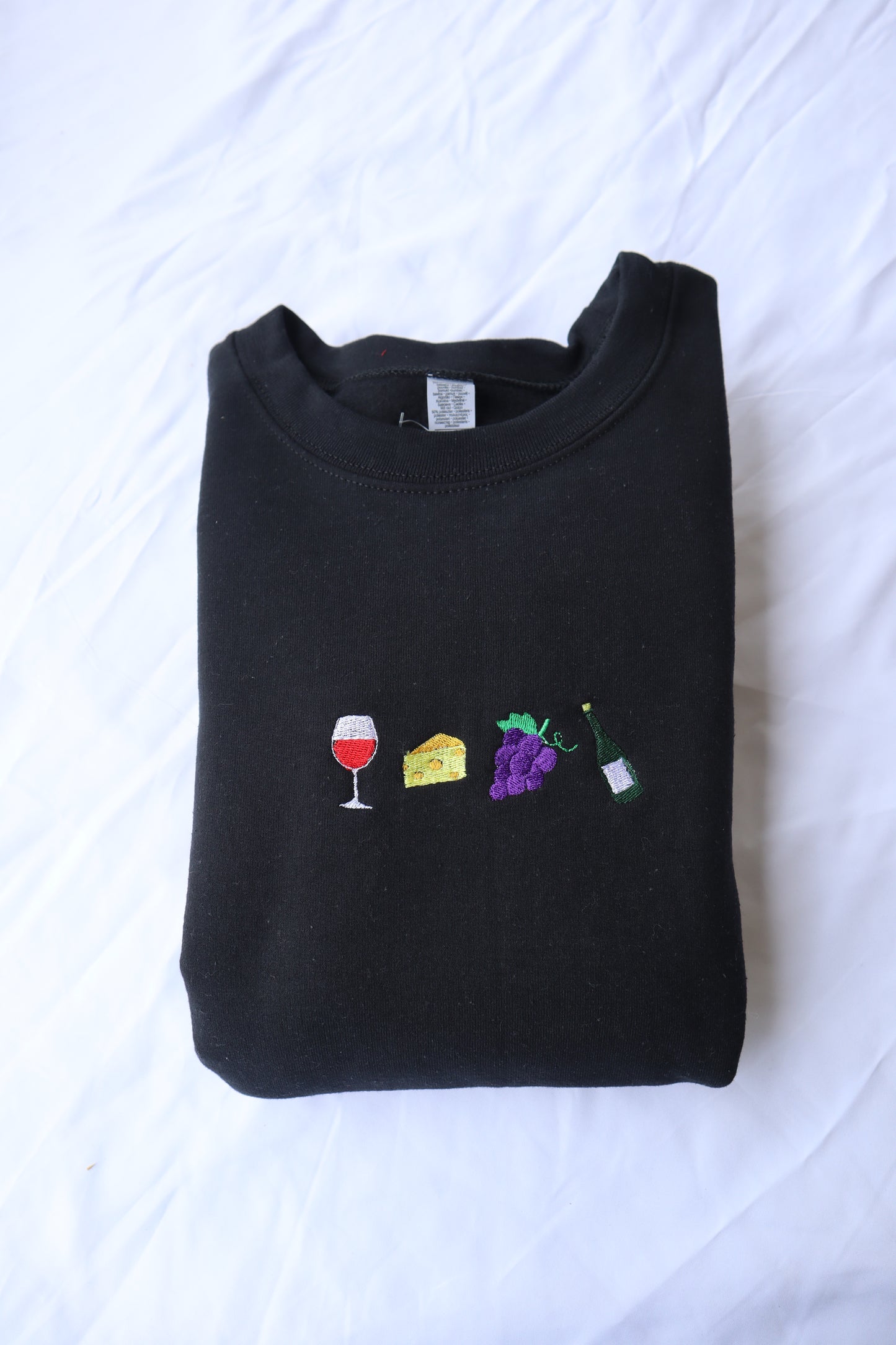 Embroidered "Wine, Cheese, Grapes and more Wine"" Hoodie or Crew Neck, Long Sleeve, Classic fit, Unisex, Adult