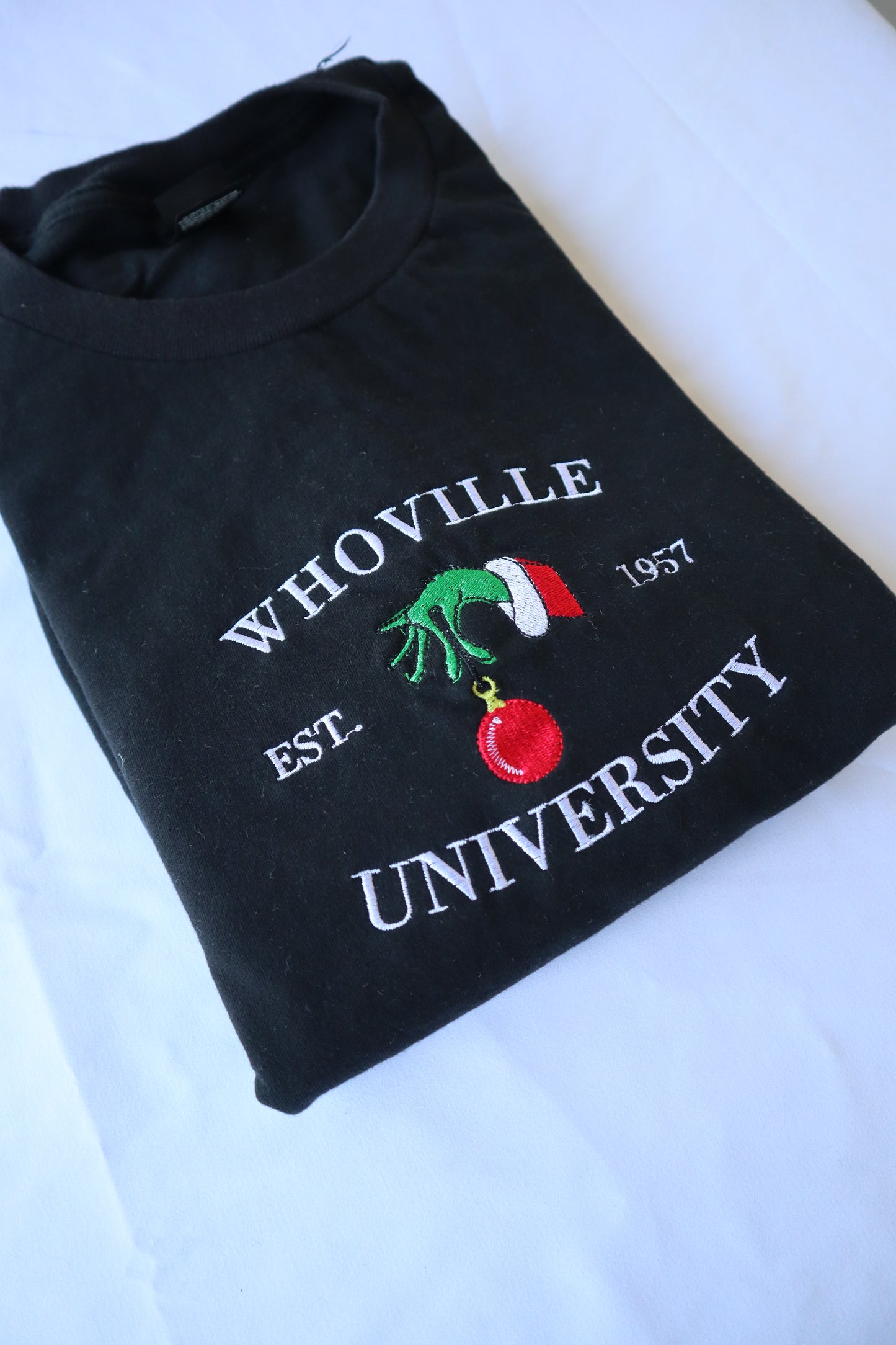 Embroidered Christmas 'Whoville University' Hoodie or Crew Neck, Long Sleeve, Classic fit, Unisex, Adult