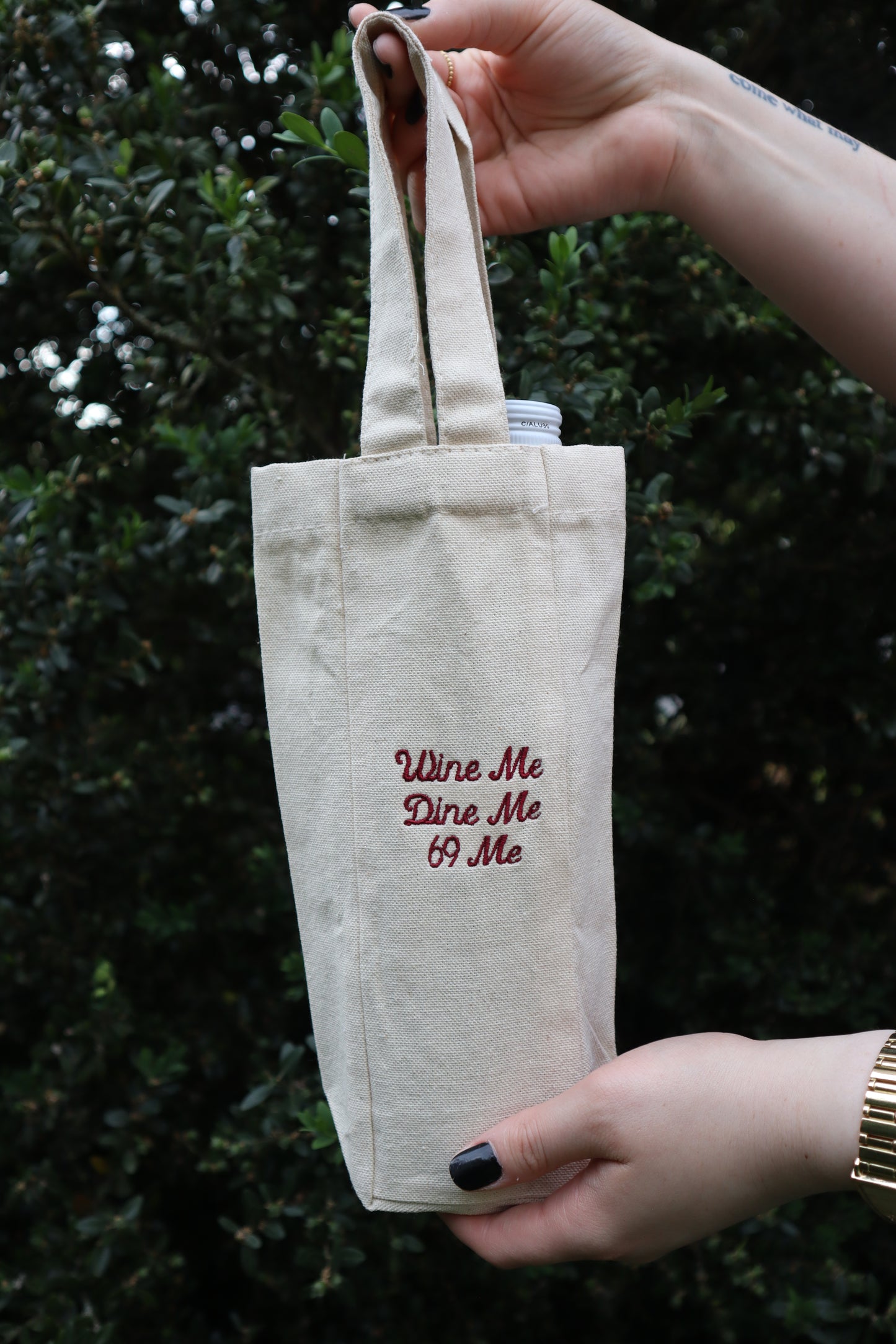 Embroidered Wine Me Dine Me Sixty Nine Me Natural Canvas One or Two Bottle Wine Holder Tote Bag
