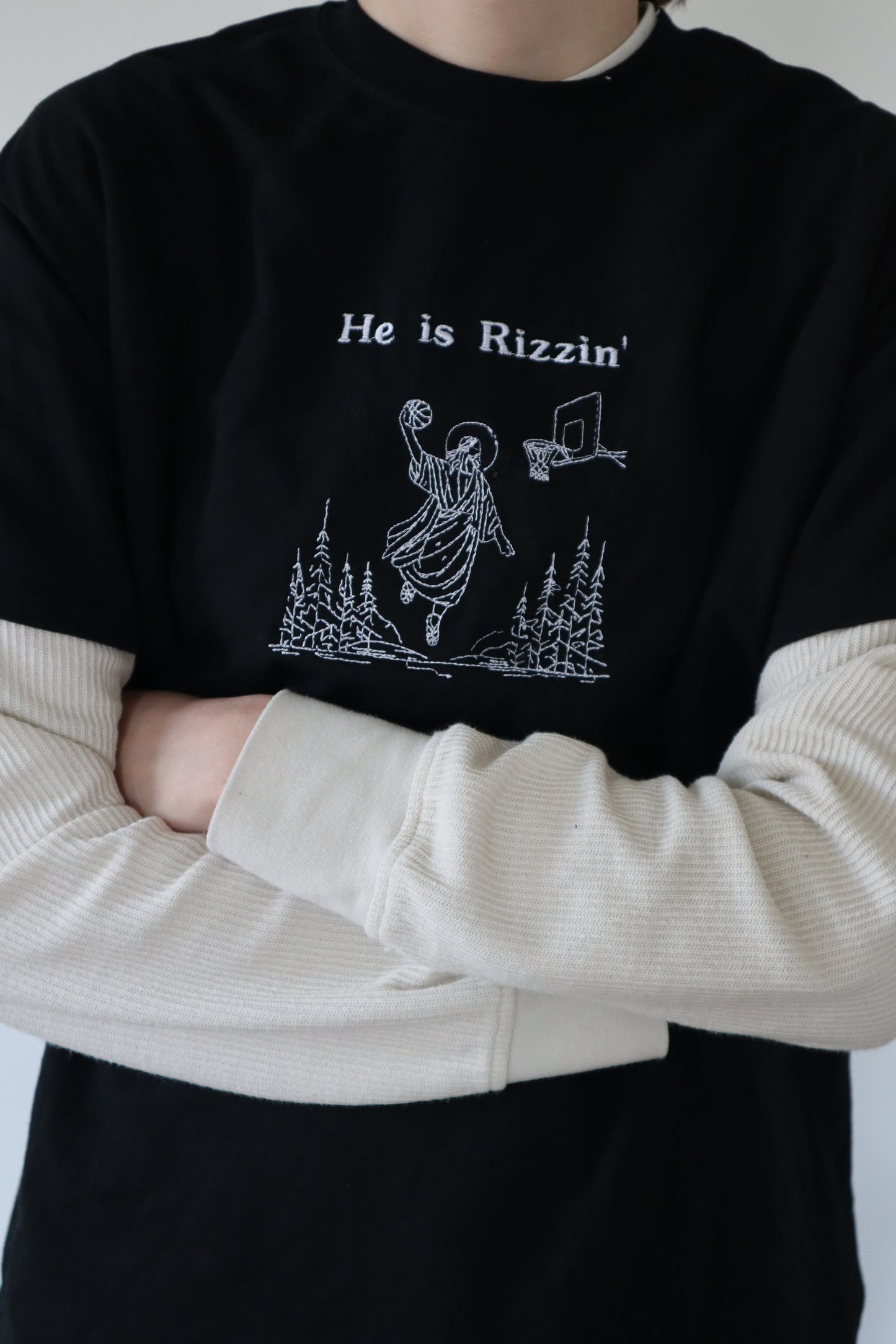 Embroidered 'He is Rizzin'' T-Shirt, Short Sleeve, Modern Classic fit, Unisex, Adult