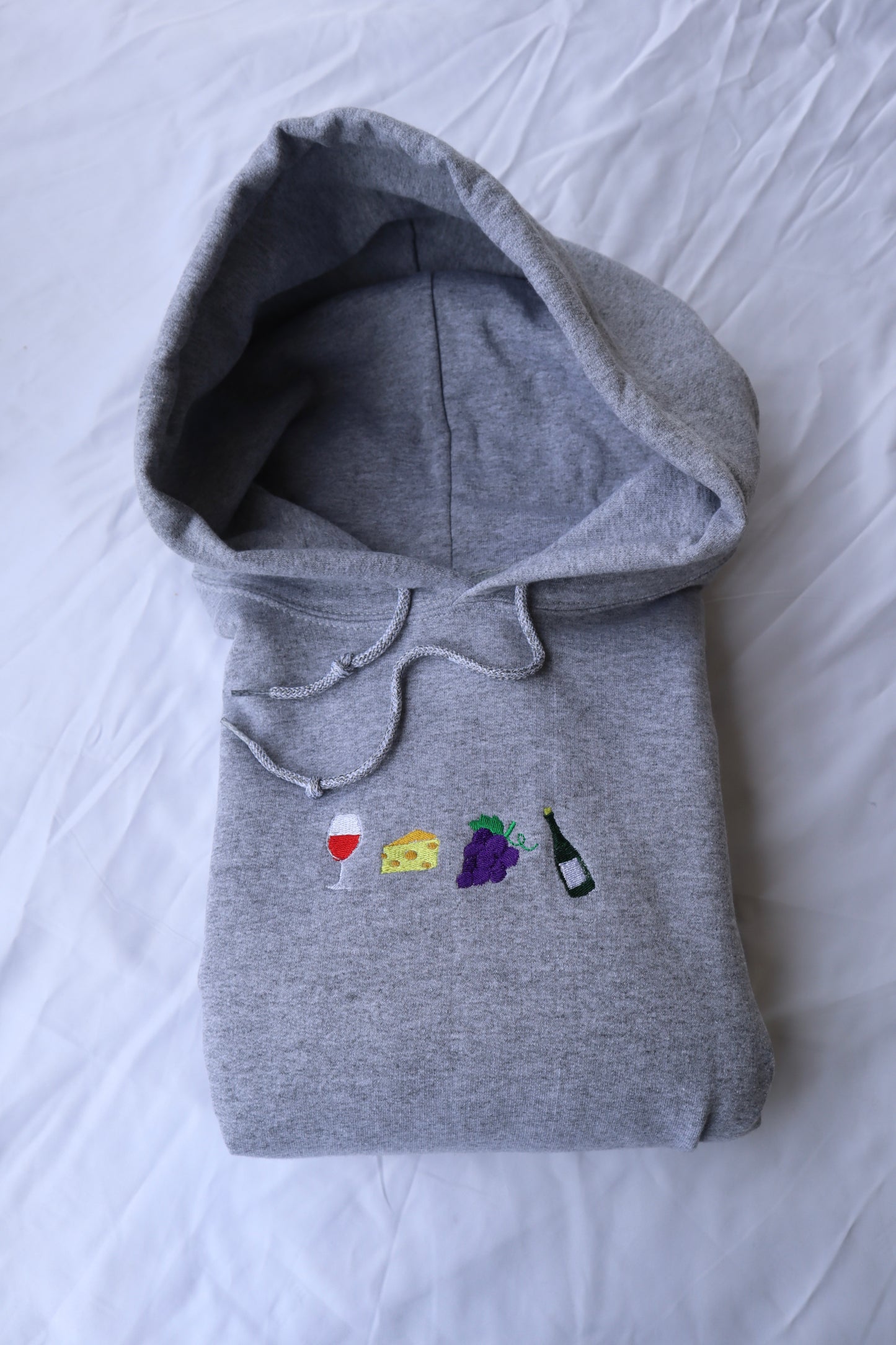 Embroidered "Wine, Cheese, Grapes and more Wine"" Hoodie or Crew Neck, Long Sleeve, Classic fit, Unisex, Adult