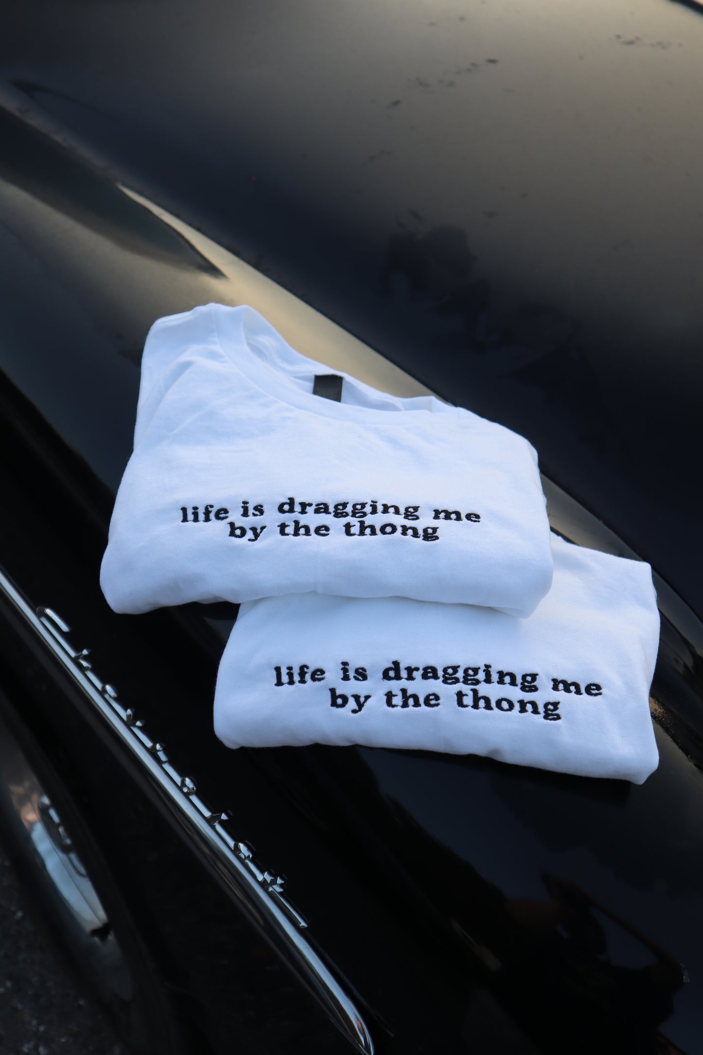 Embroidered Life is Dragging Me By The Baby Tee, Long Crop Tops