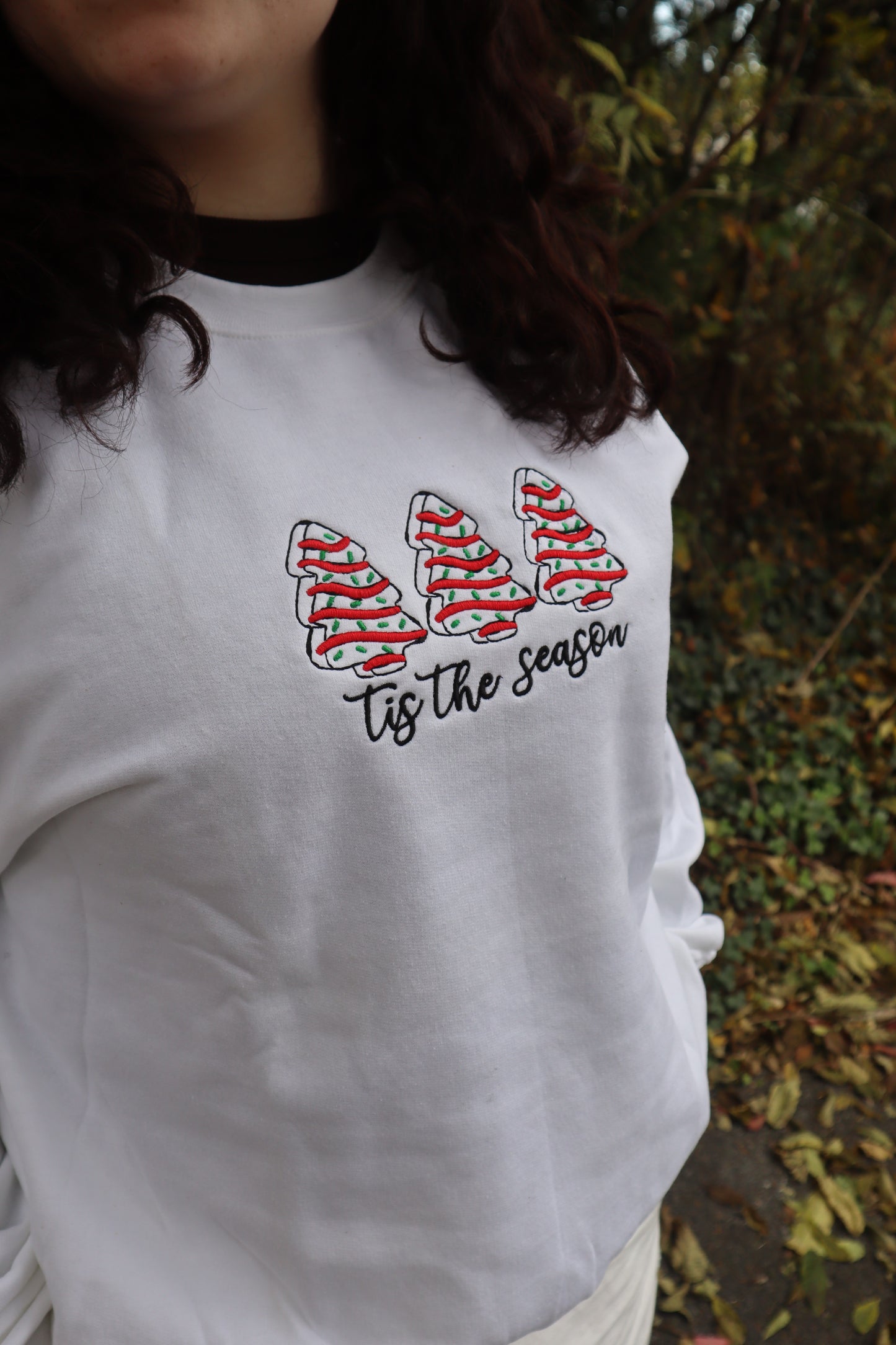 Embroidered "Tis The Season Christmas Tree Debbie Cakes" Hoodie or Crew Neck, Long Sleeve, Classic fit, Unisex, Adult