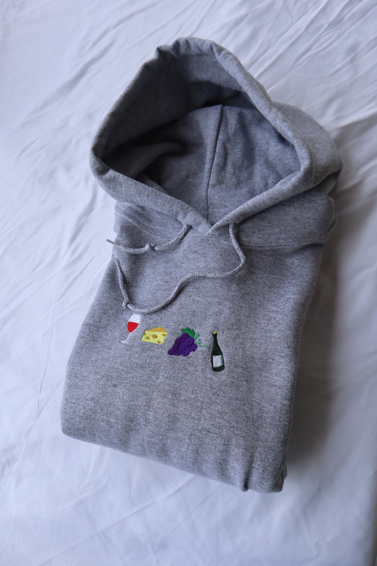 Embroidered "Wine, Cheese, Grapes and more Wine"" Hoodie or Crew Neck, Long Sleeve, Classic fit, Unisex, Adult