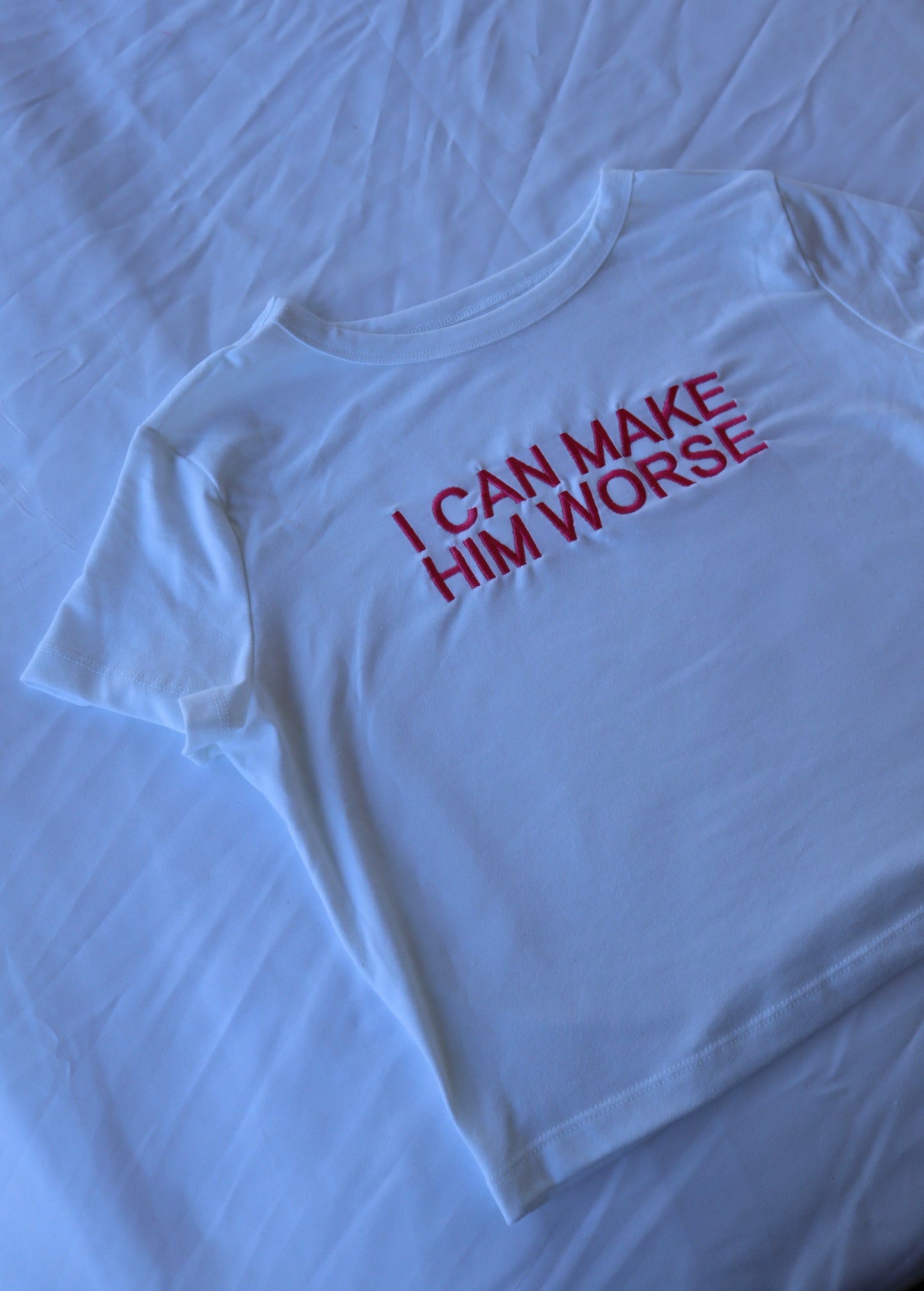 Embroidered 'I Can Make Him Worse' Cropped, Short Sleeve, Adult Female, Baby Tee