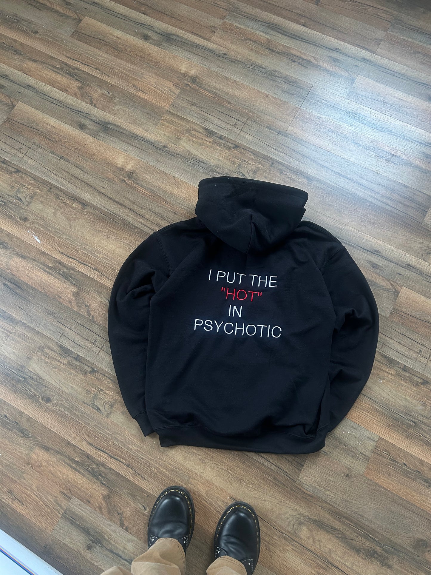 Embroidered 'I Put The Hot In' back of Hoodie or Crew Neck, Long Sleeve, Classic fit, Unisex, Adult
