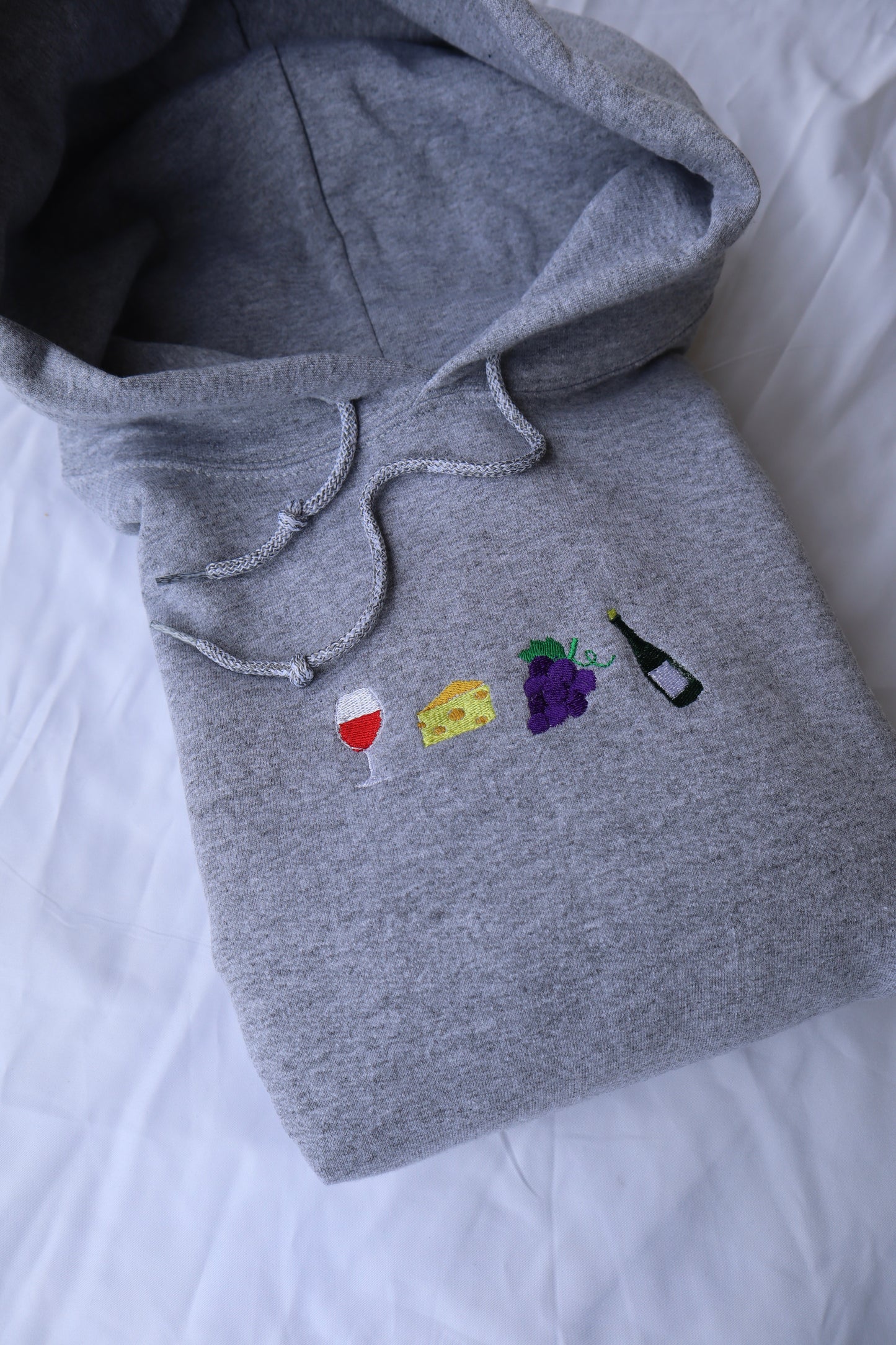 Embroidered "Wine, Cheese, Grapes and more Wine"" Hoodie or Crew Neck, Long Sleeve, Classic fit, Unisex, Adult