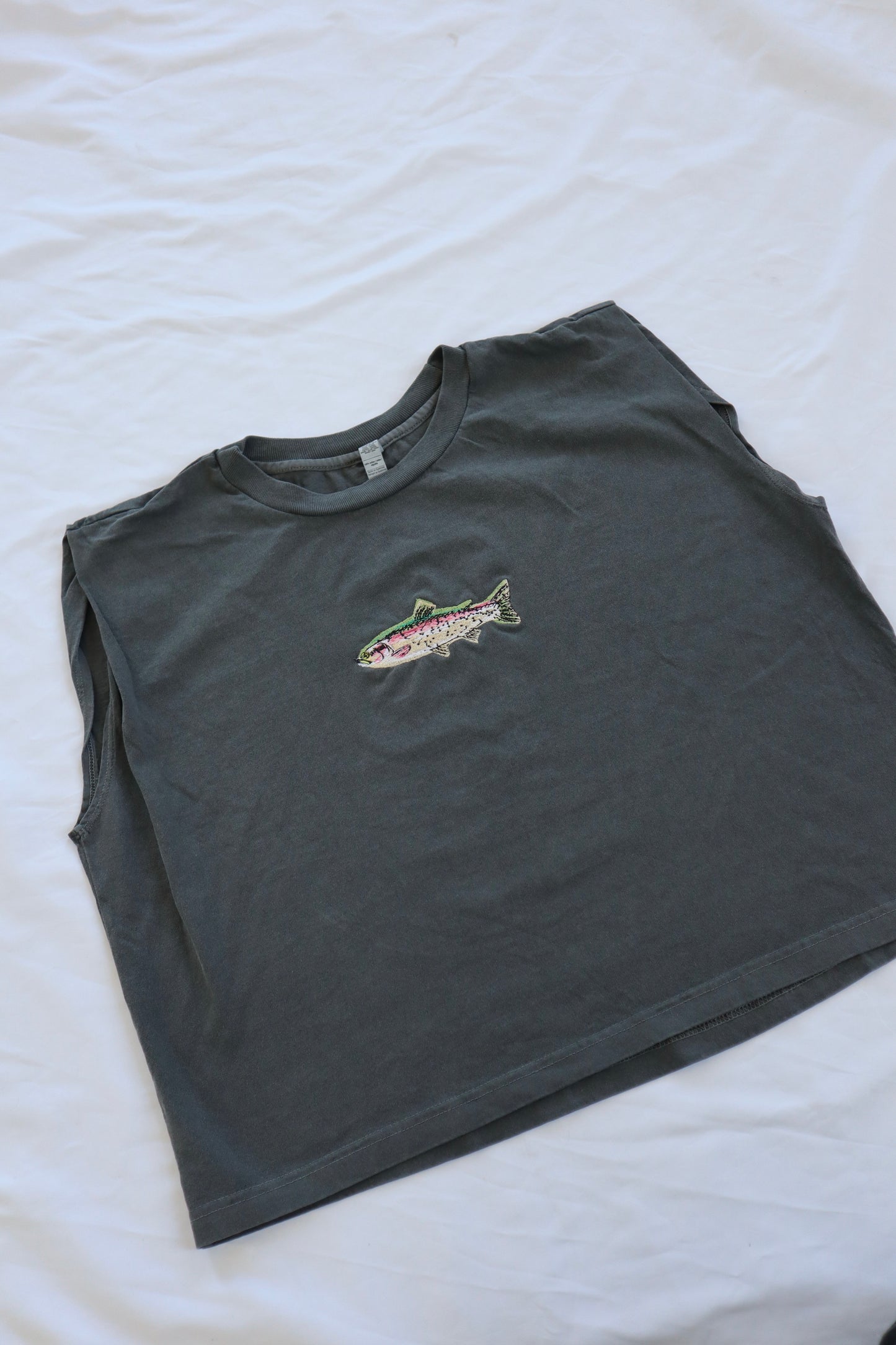 Embroidered Trout Fish Cropped Muscle Tee, Tank Top, Crop Fit, Unisex, Adult