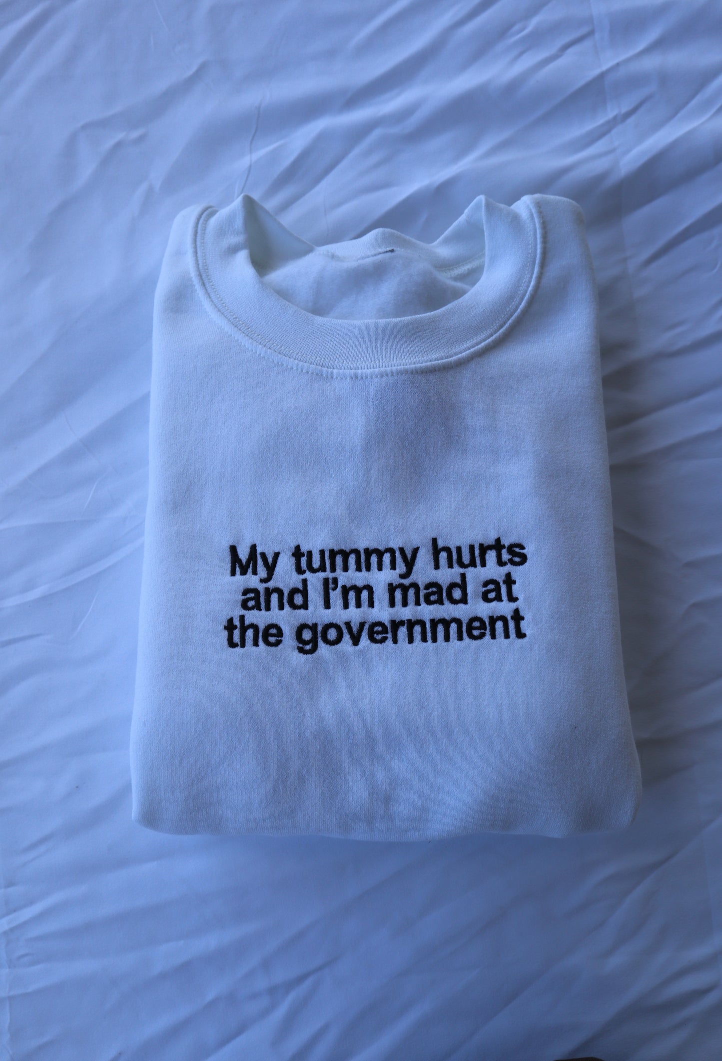 Embroidered 'My Tummy Hurts And Im Mad At The Government' Hoodie or Crew Neck, Long Sleeve, Classic fit, Unisex, Adult