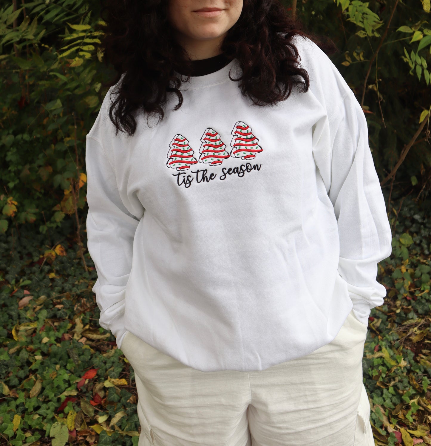 Embroidered "Tis The Season Christmas Tree Debbie Cakes" Hoodie or Crew Neck, Long Sleeve, Classic fit, Unisex, Adult