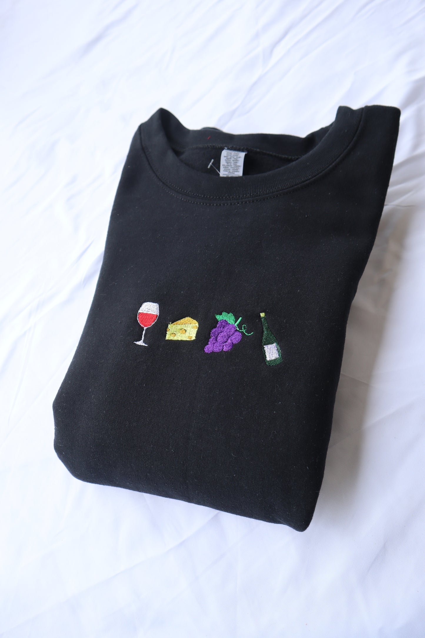 Embroidered "Wine, Cheese, Grapes and more Wine"" Hoodie or Crew Neck, Long Sleeve, Classic fit, Unisex, Adult