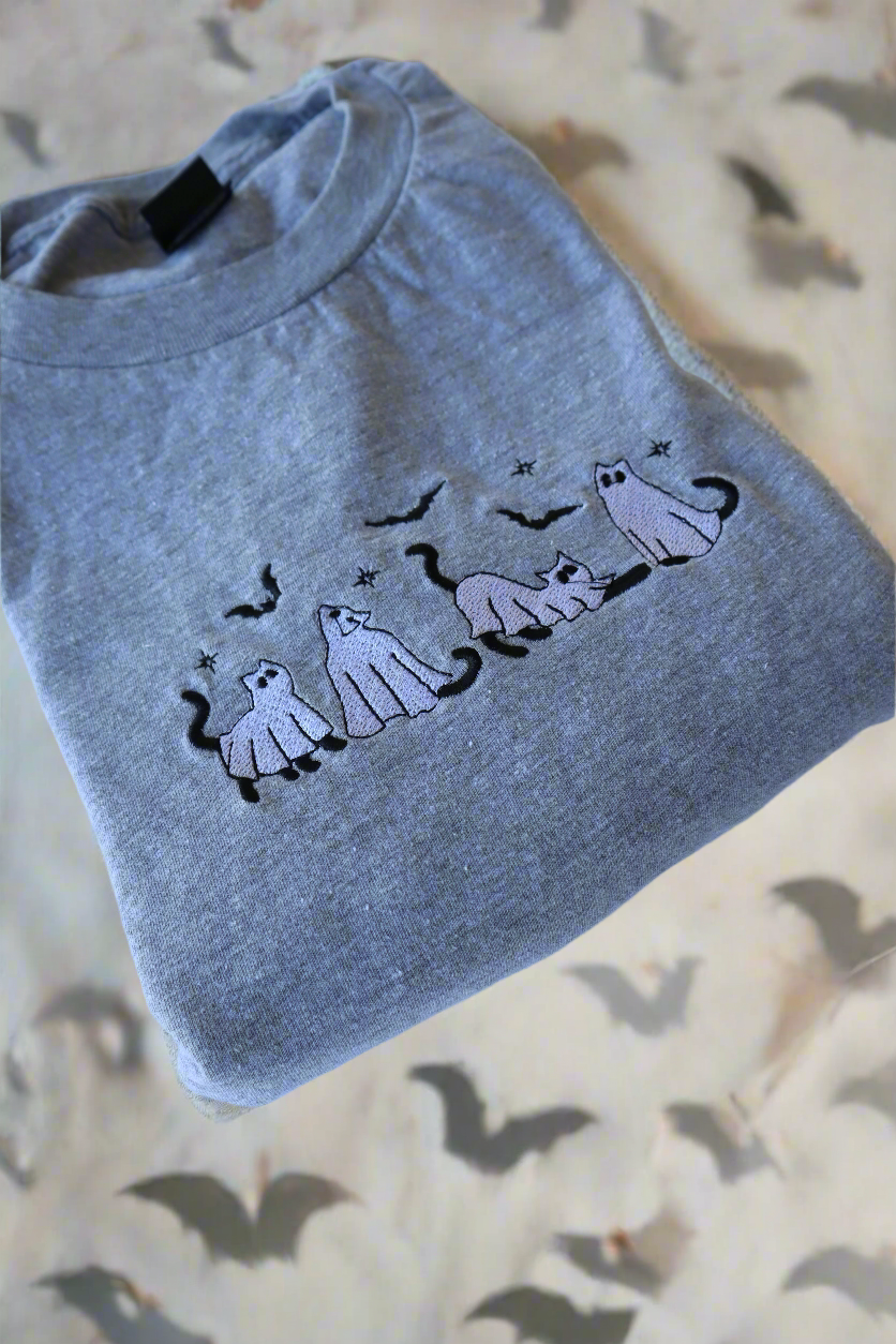 Embroidered 'Ghost Cats' Hoodie or Crew Neck Long Sleeve, Classic fit, Unisex, Adult