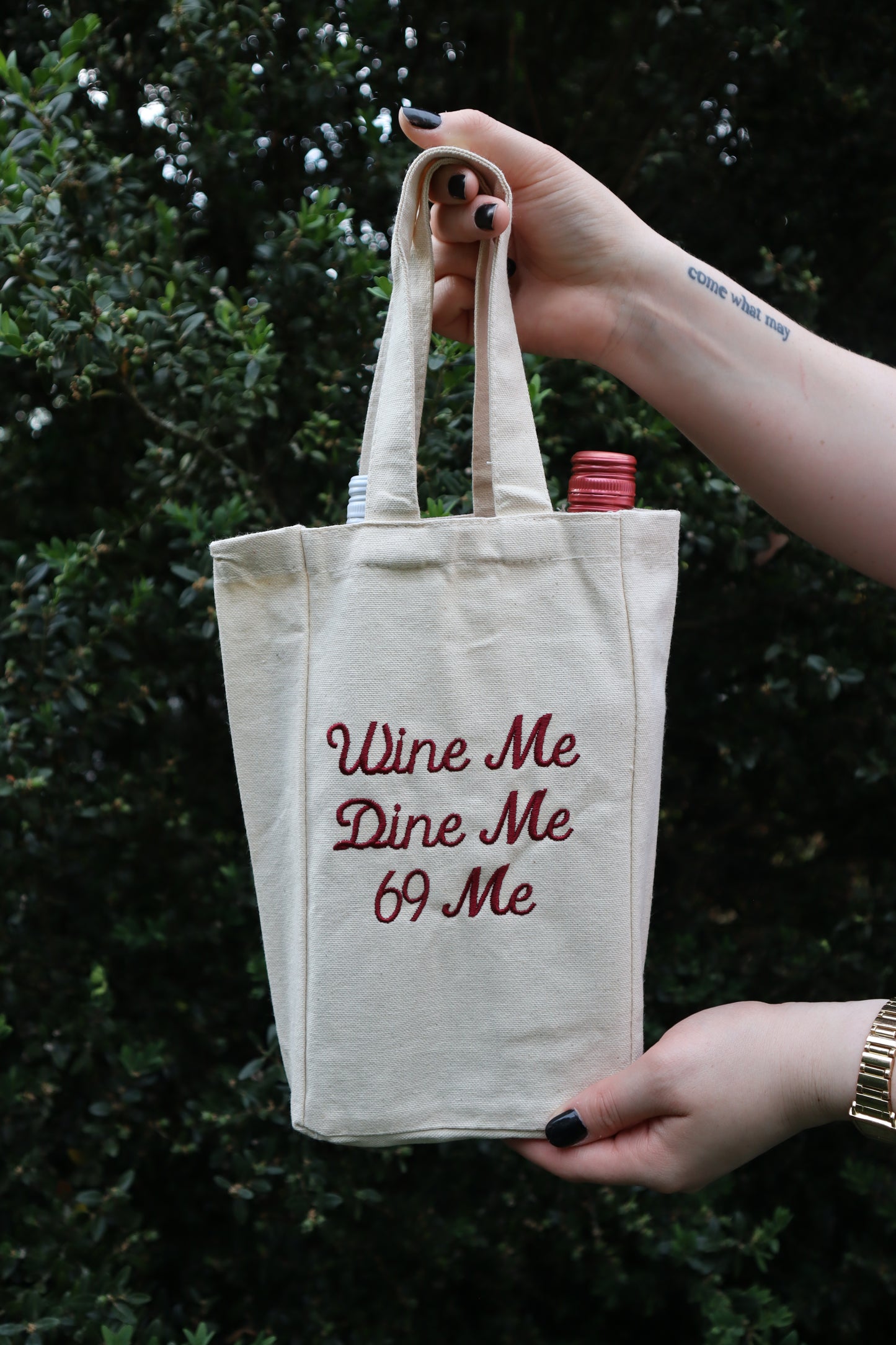 Embroidered Wine Me Dine Me Sixty Nine Me Natural Canvas One or Two Bottle Wine Holder Tote Bag