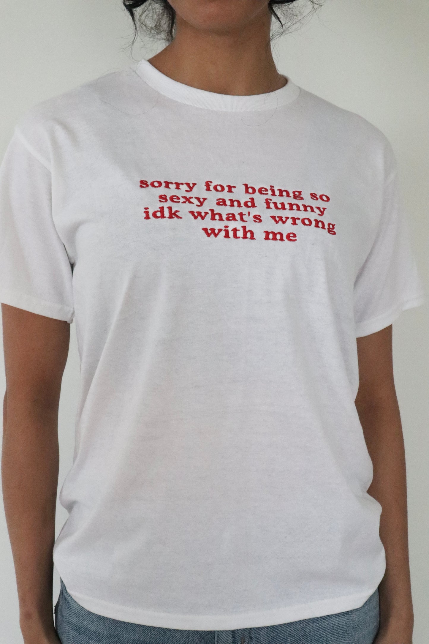Embroidered Sorry For Being So Funny, Long Crop Tops
