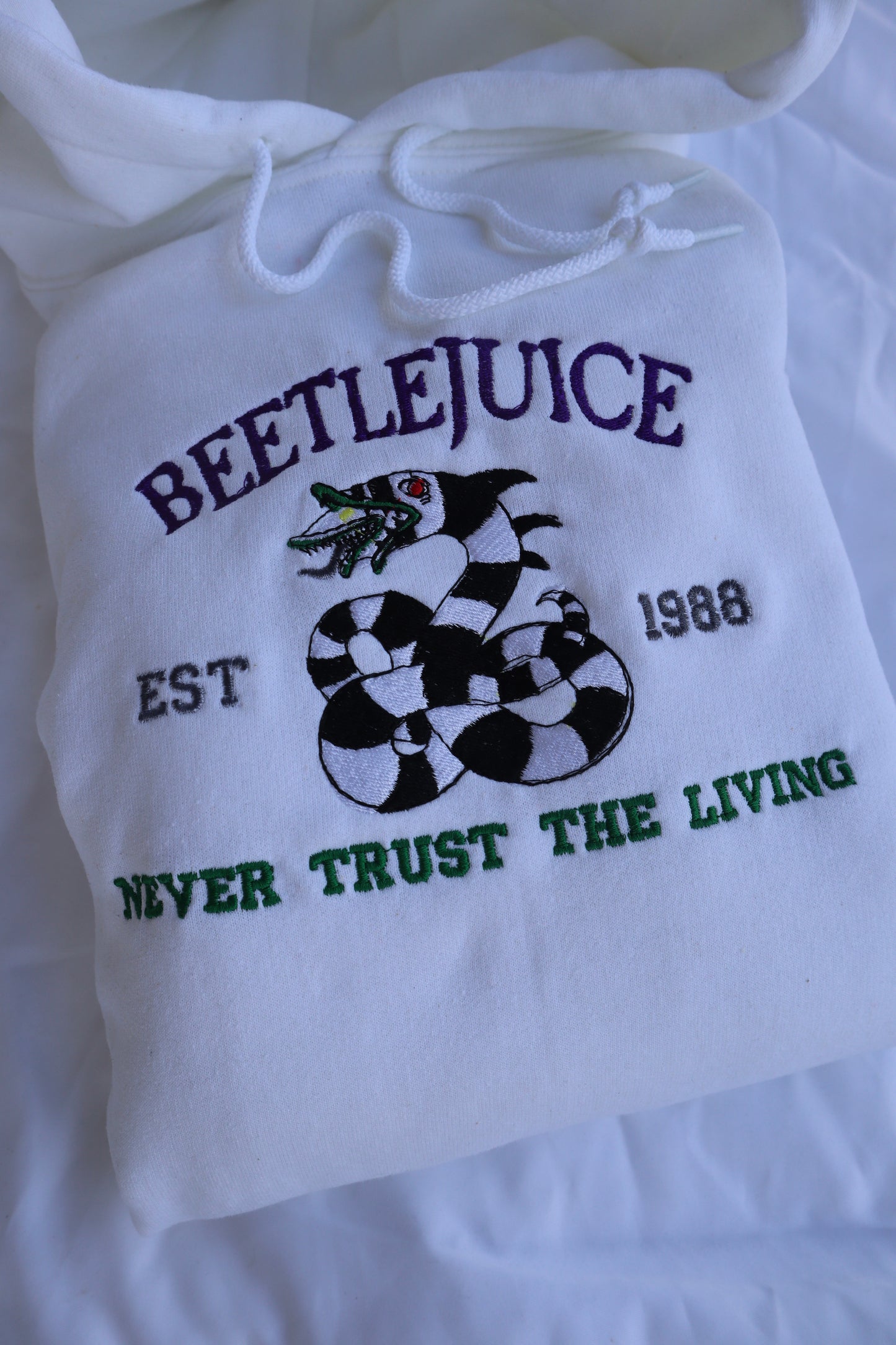 Embroidered 'Beetle Never Trust The Living' Hoodie or Crew Neck, Long Sleeve, Classic fit, Unisex, Adult