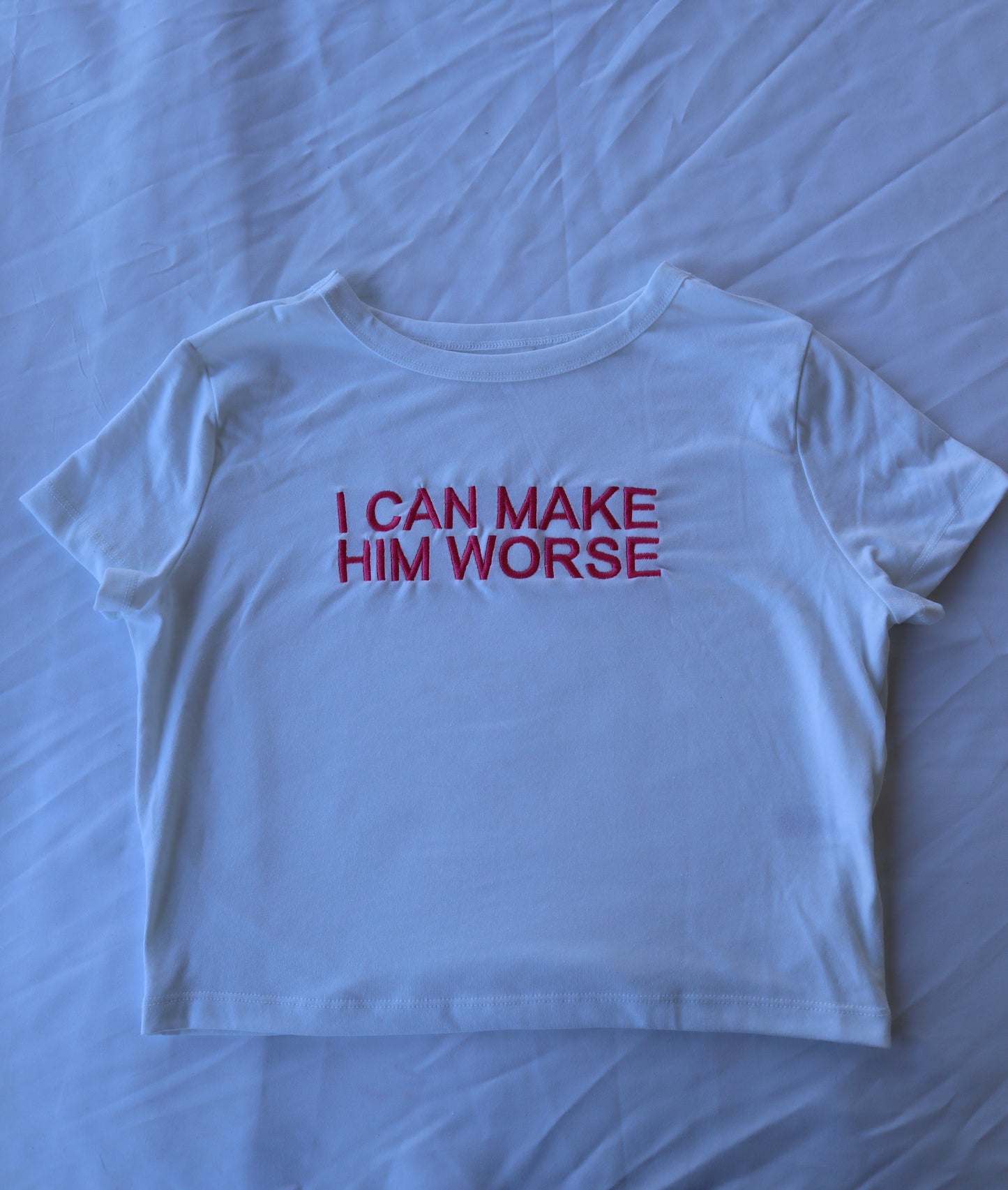 Embroidered 'I Can Make Him Worse' Cropped, Short Sleeve, Adult Female, Baby Tee