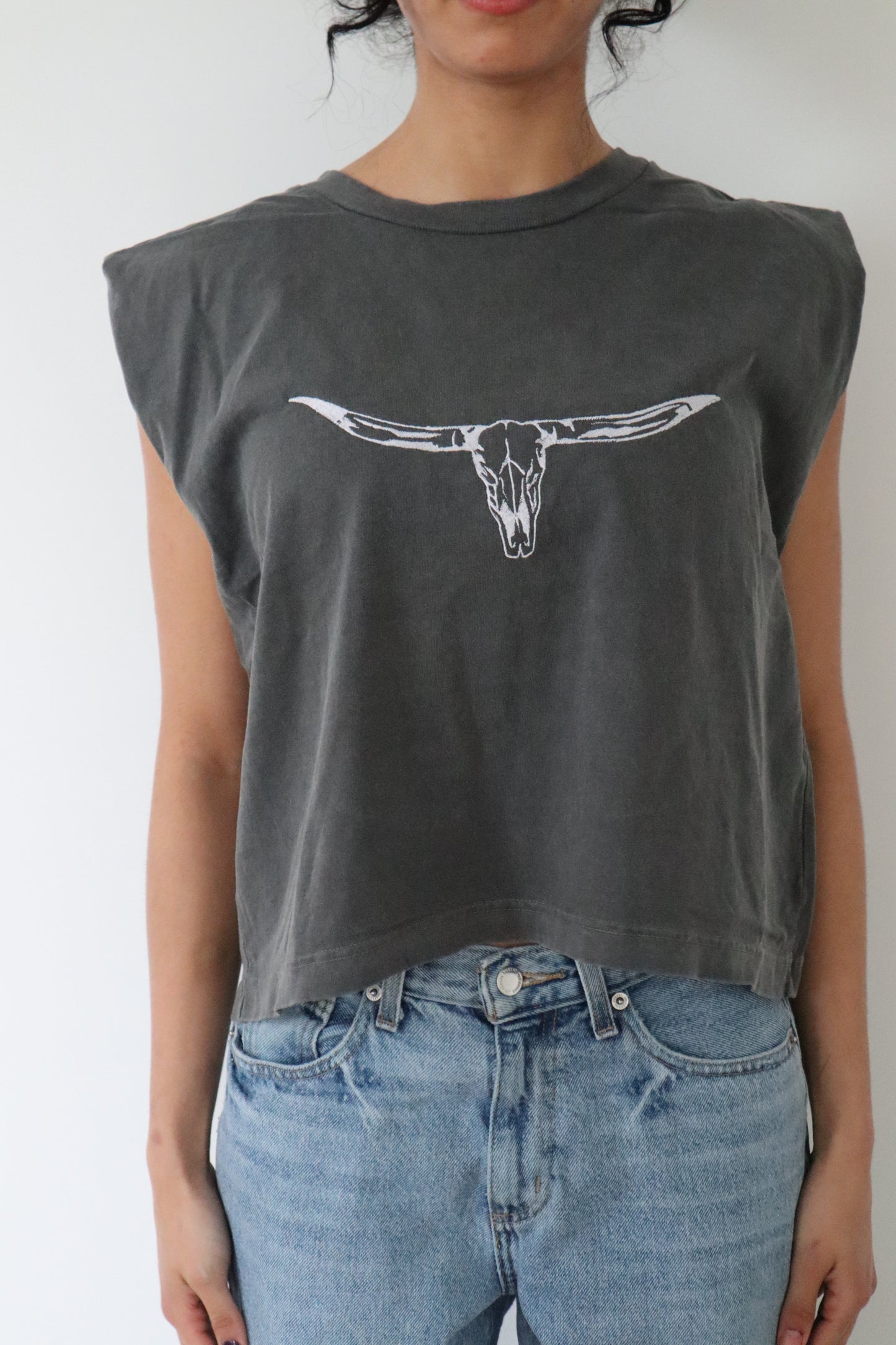 Embroidered Texas Longhorn Cropped Muscle Tee, Tank Top, Crop Fit, Unisex, Adult