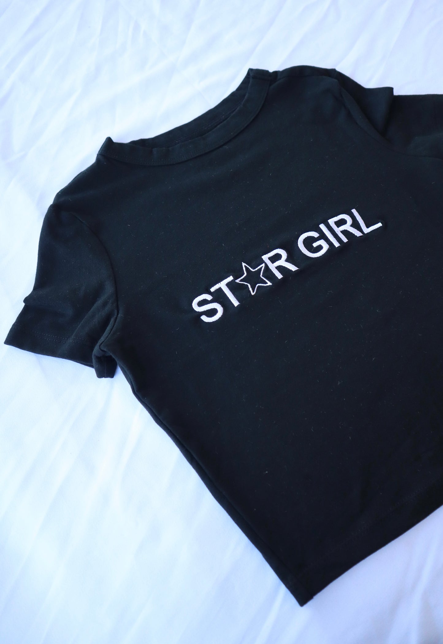 Embroidered "Star Girl" Cropped Baby T, Petite fit, Short Sleeve, Female, Adult