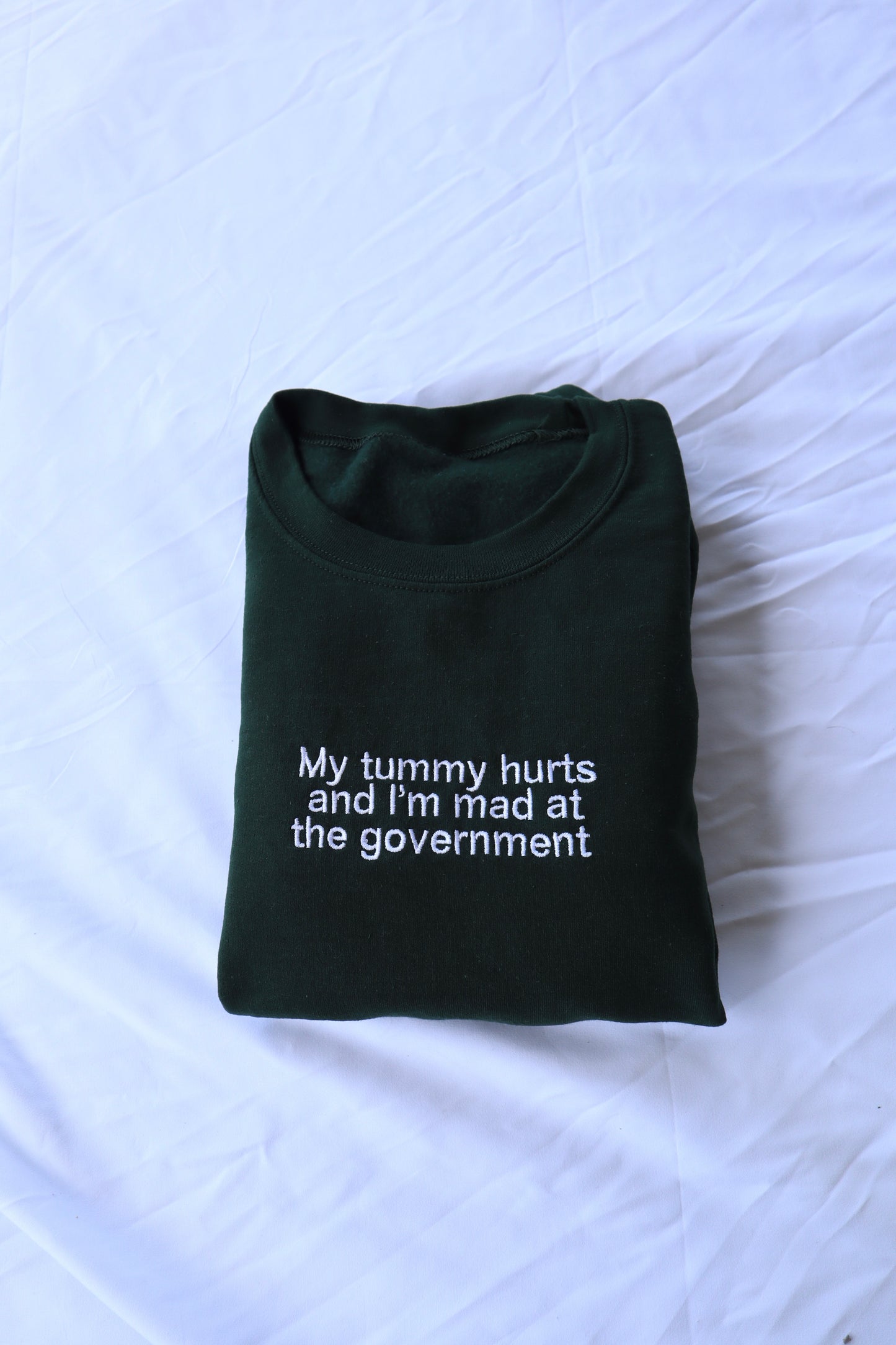 Embroidered 'My Tummy Hurts And Im Mad At The Government' Hoodie or Crew Neck, Long Sleeve, Classic fit, Unisex, Adult