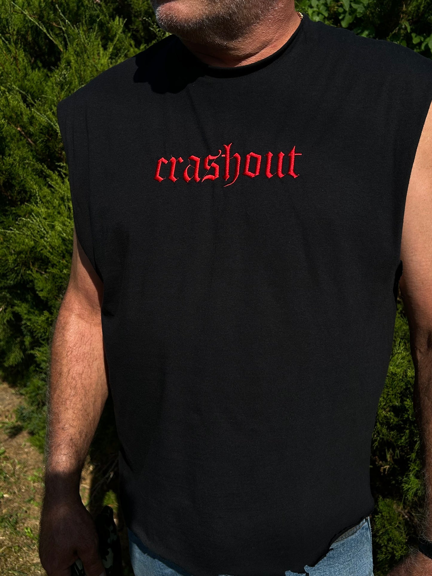 Embroidered Distressed 'Crashout' Tank Top, Cropped fit, Unisex, Adult