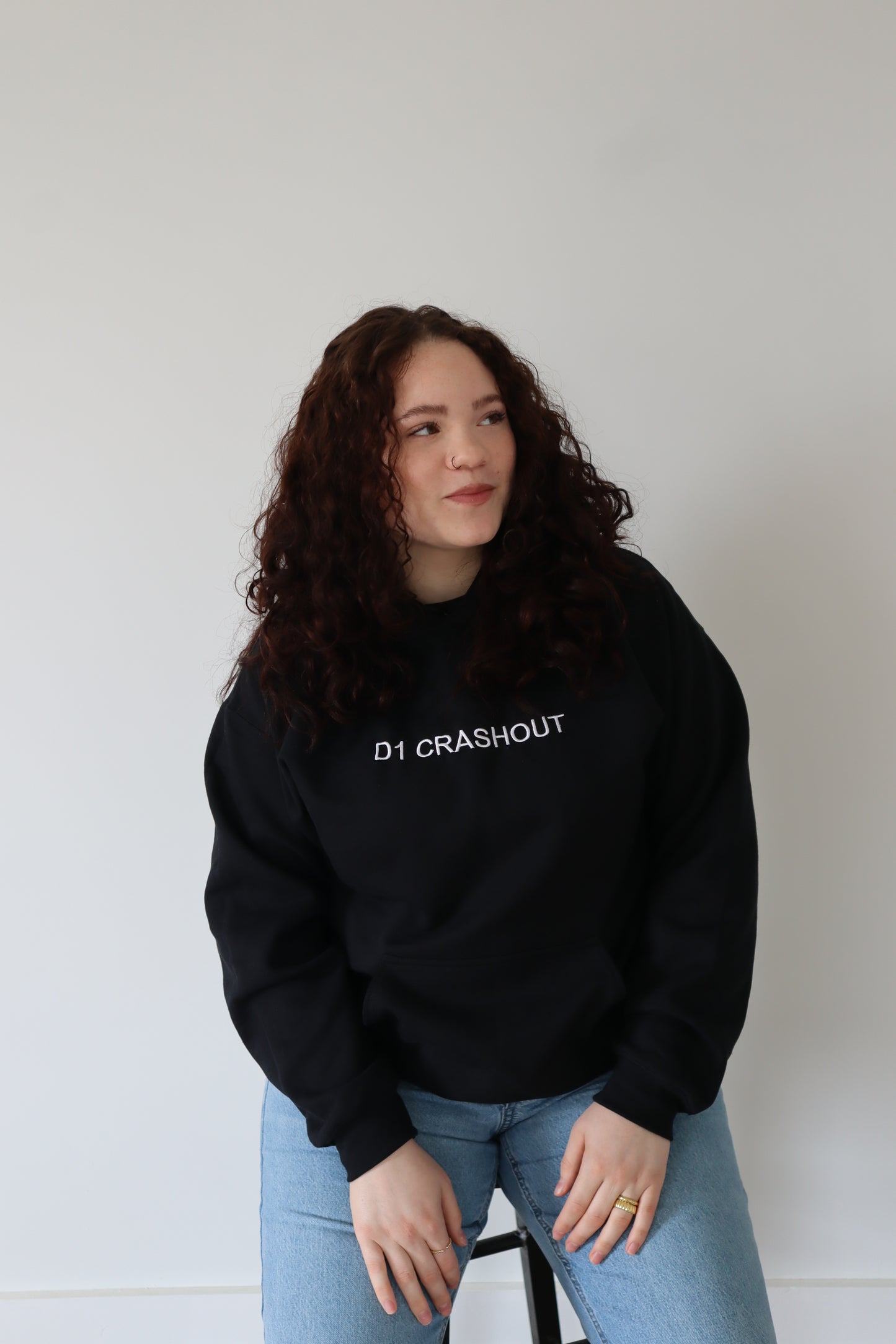 Embroidered 'D1 CRASHOUT' Hoodie or Crew Neck, Long Sleeve, Classic fit, Unisex, Adult