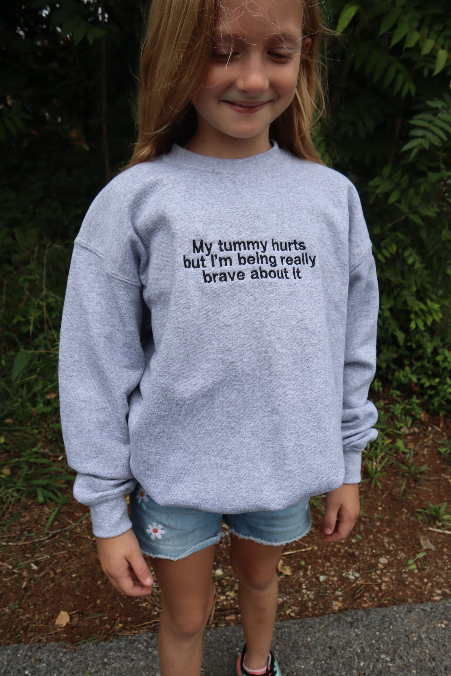 Youth Embroidered 'My Tummy Hurts but I'm being Really Brave about it' Crew Neck, Long Sleeve, Classic fit, Unisex