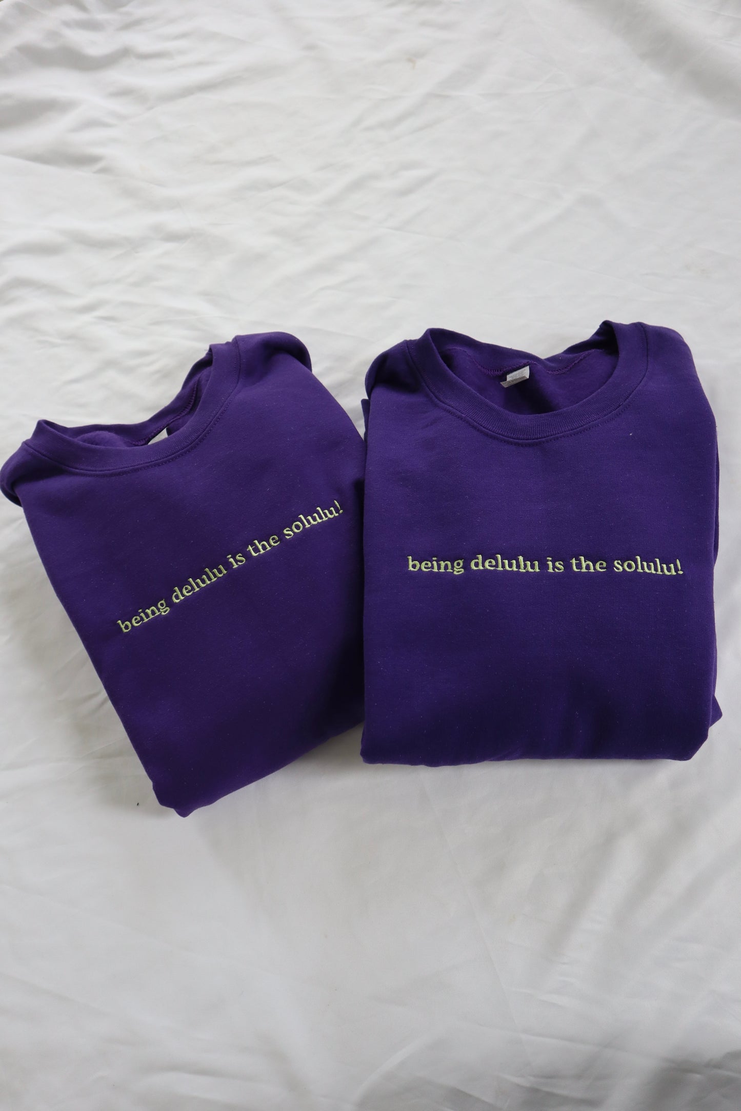 Embroidered 'being delulu is the solulu!' Hoodie or Crew Neck, Long Sleeve, Classic fit, Unisex, Adult