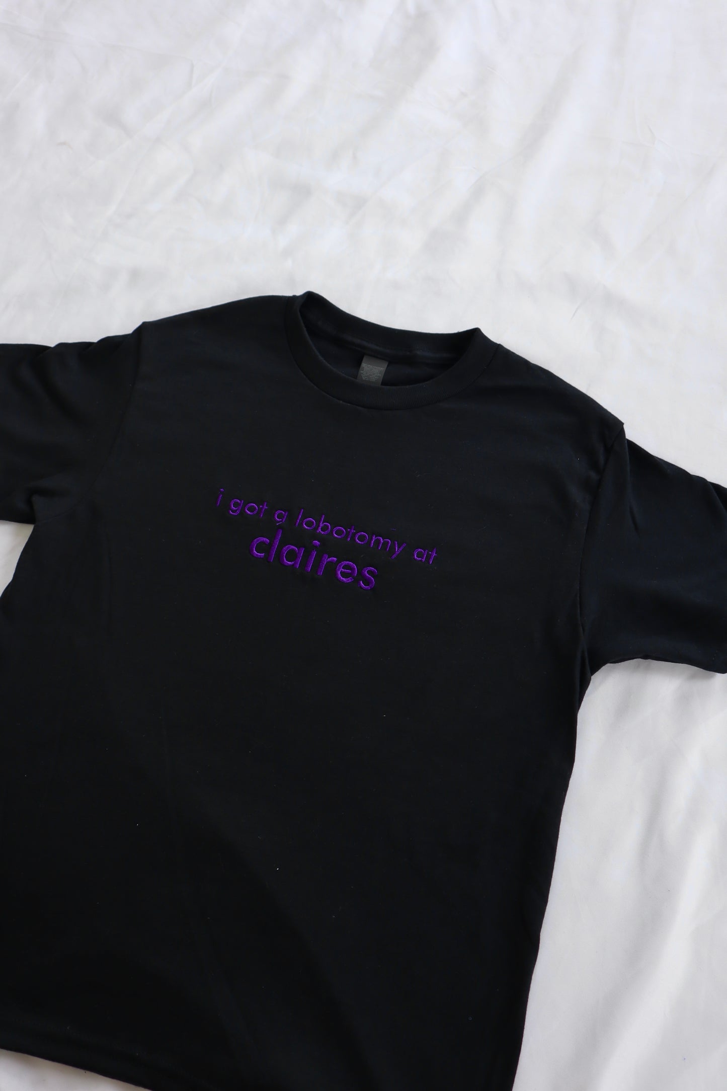 Embroidered 'I Got A Lobotomy At Claires' Cropped, Short Sleeve, Adult Female, Baby Tee