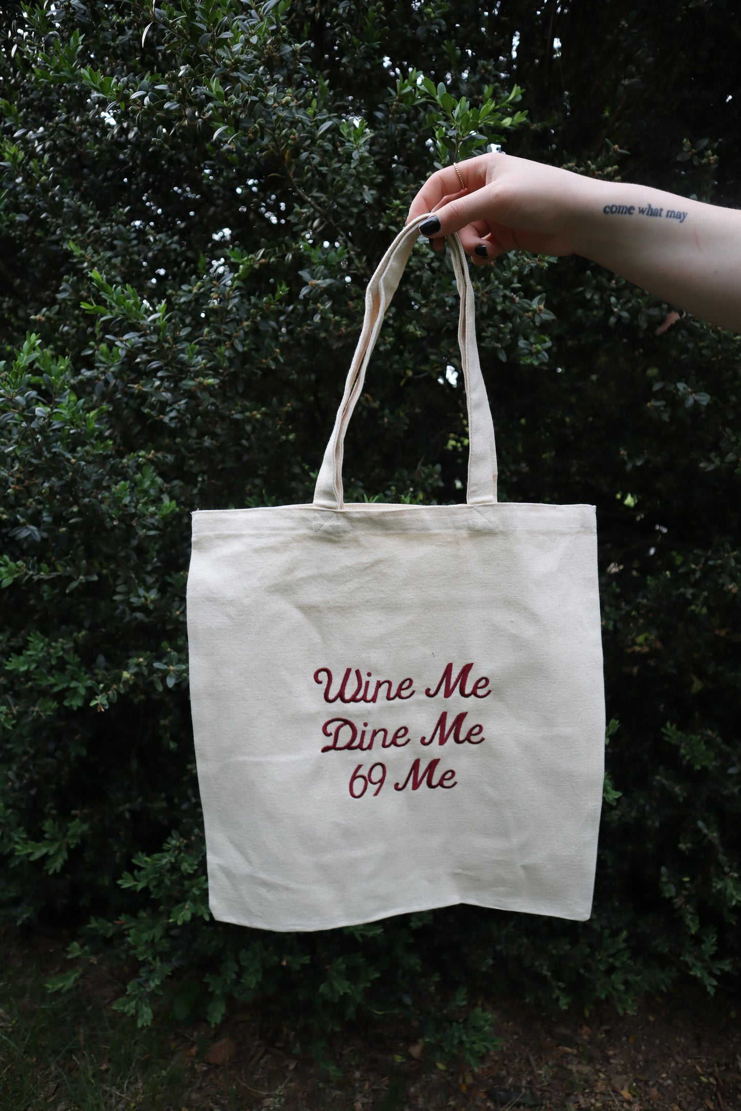 Embroidered Wine Me, Dine Me, Sixty Nine Me Natural Canvas Tote Bag