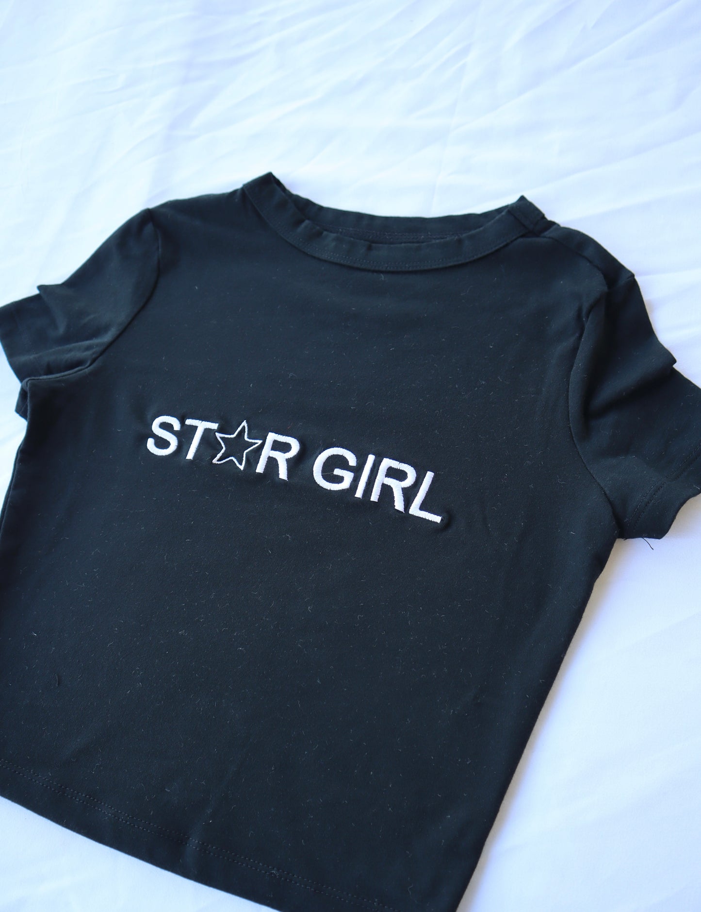 Embroidered "Star Girl" Cropped Baby T, Petite fit, Short Sleeve, Female, Adult