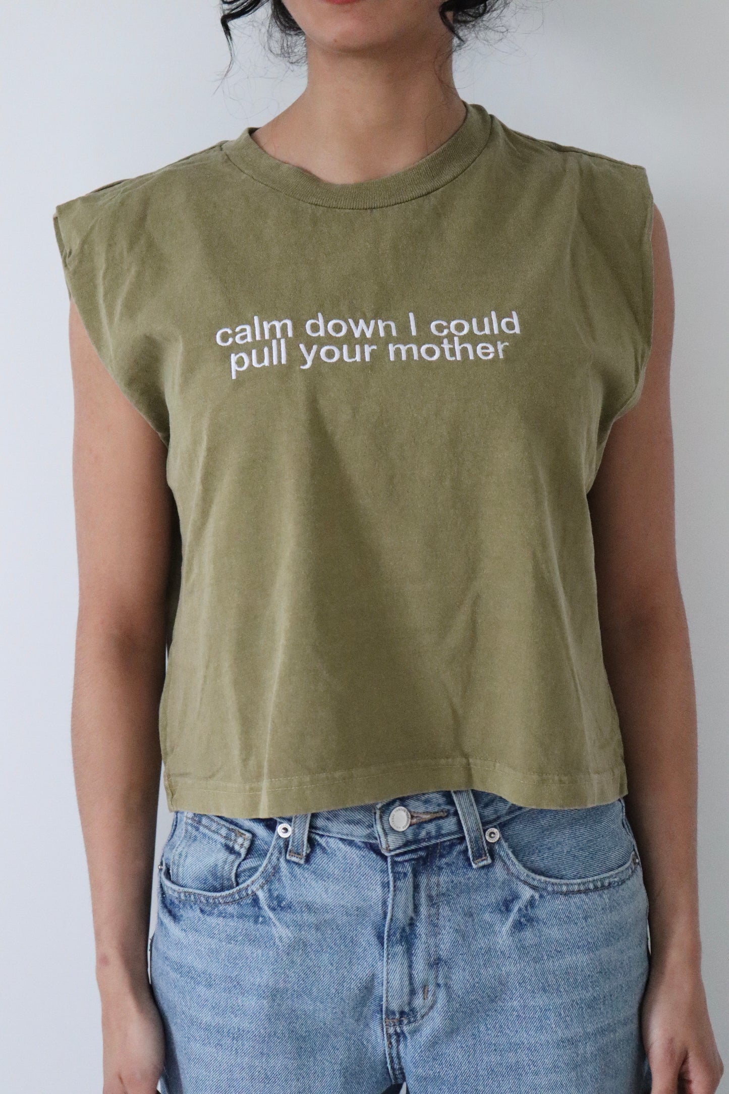 Embroidered Embroidered "Calm Down I Could Pull Your Mother" Cropped Muscle Tee Tank Top by KDM Vintage, Pull on, Boxy Fit, Unisex, Adult