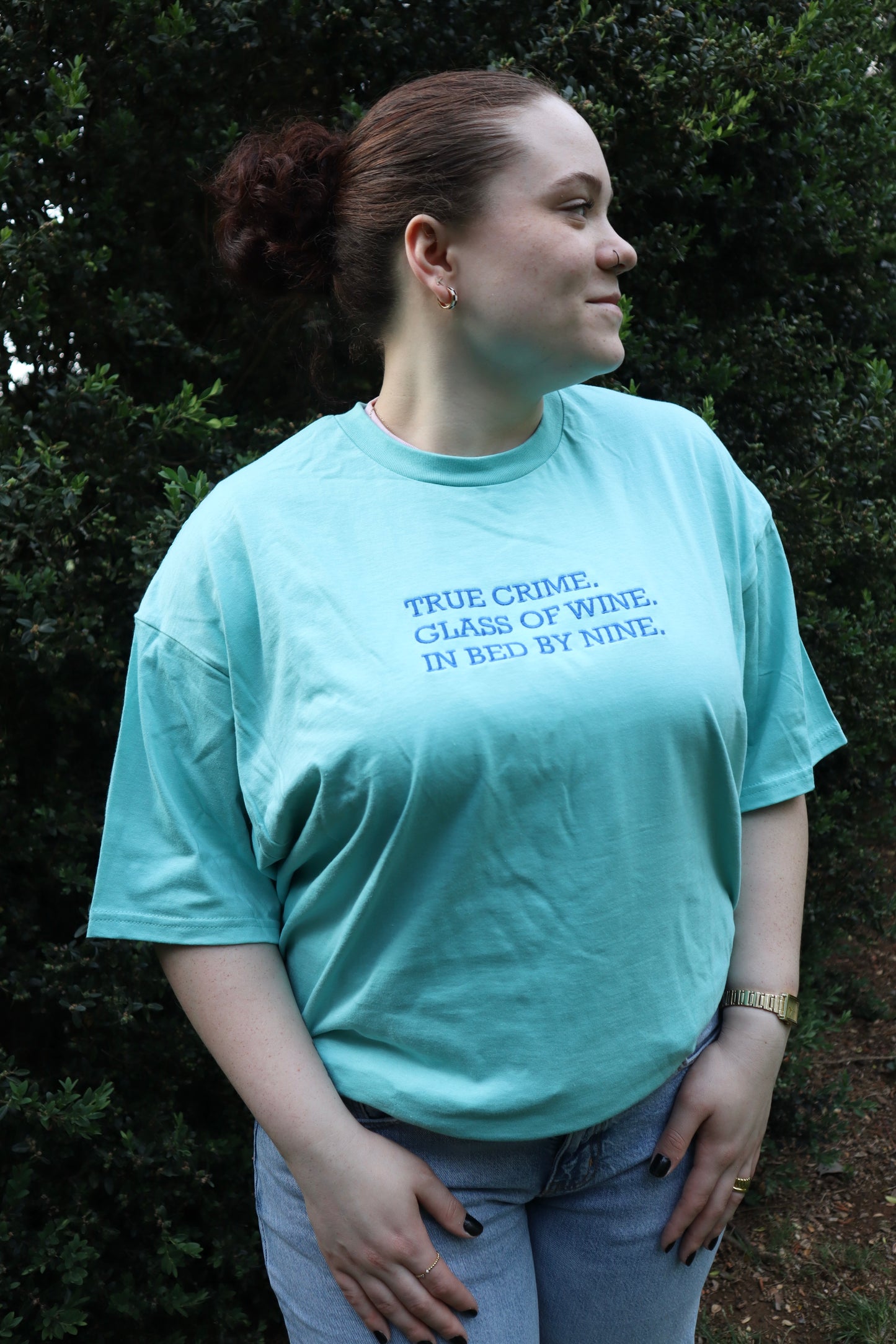 Embroidered 'True Crime, Glass of Wine, In Bed By Nine' T-Shirt, Short Sleeve, Modern Classic fit, Unisex, Adult