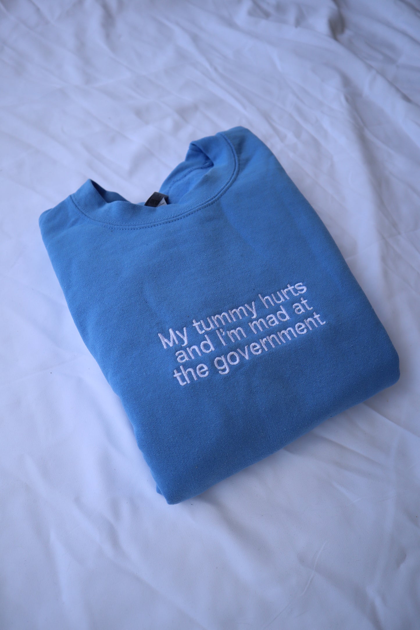 Embroidered 'My Tummy Hurts And Im Mad At The Government' Hoodie or Crew Neck, Long Sleeve, Classic fit, Unisex, Adult