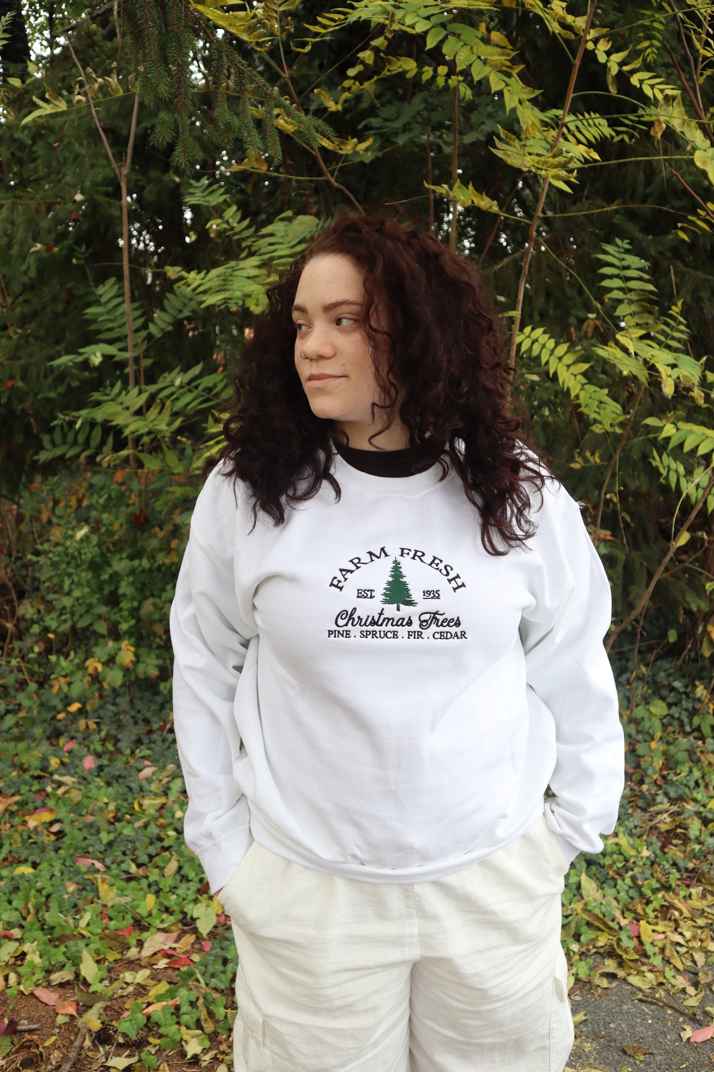 Embroidered "Farm Fresh Christmas Trees" Hoodie or Crew Neck, Long Sleeve, Classic fit, Unisex, Adult