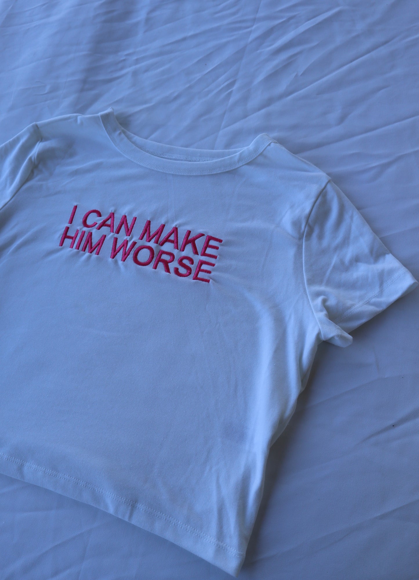 Embroidered 'I Can Make Him Worse' Cropped, Short Sleeve, Adult Female, Baby Tee